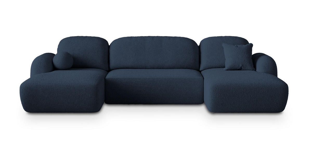 WOHNLANDSCHAFT SAVONA N Blau Boucle-Stoff mit Schlaffunktion - Blau, Holz (320/90/148cm) - MASSENO