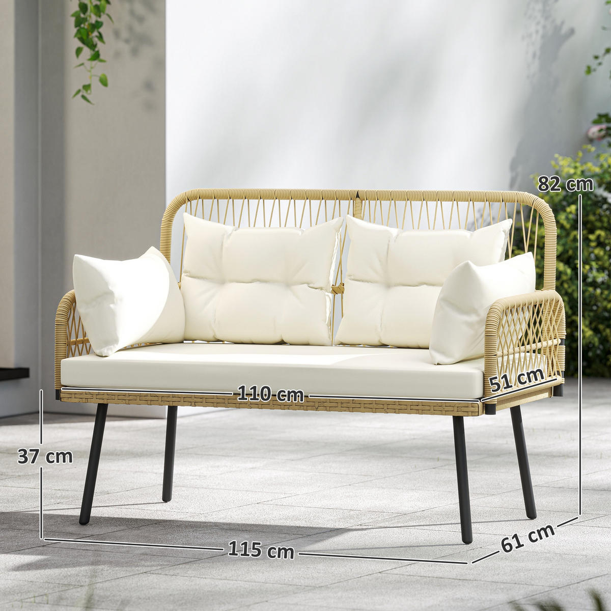 RATTANSOFA 2-Sitzer mit Auflagen Weiß 115/61/82 cm - Beige/Schwarz, Textil/Metall - Outsunny