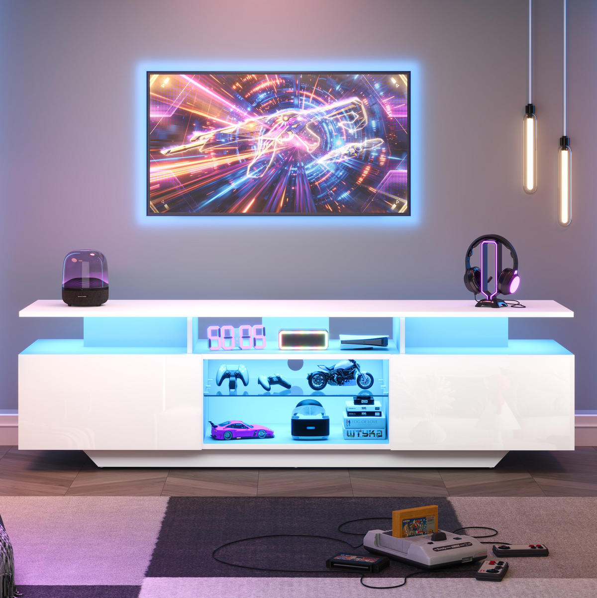 TV-ELEMENT mit LED und 2 Schränken 160 x 40 x 45 cm MDF Weiß - Weiß, Holzwerkstoff (40/45/160cm) - Beauniv