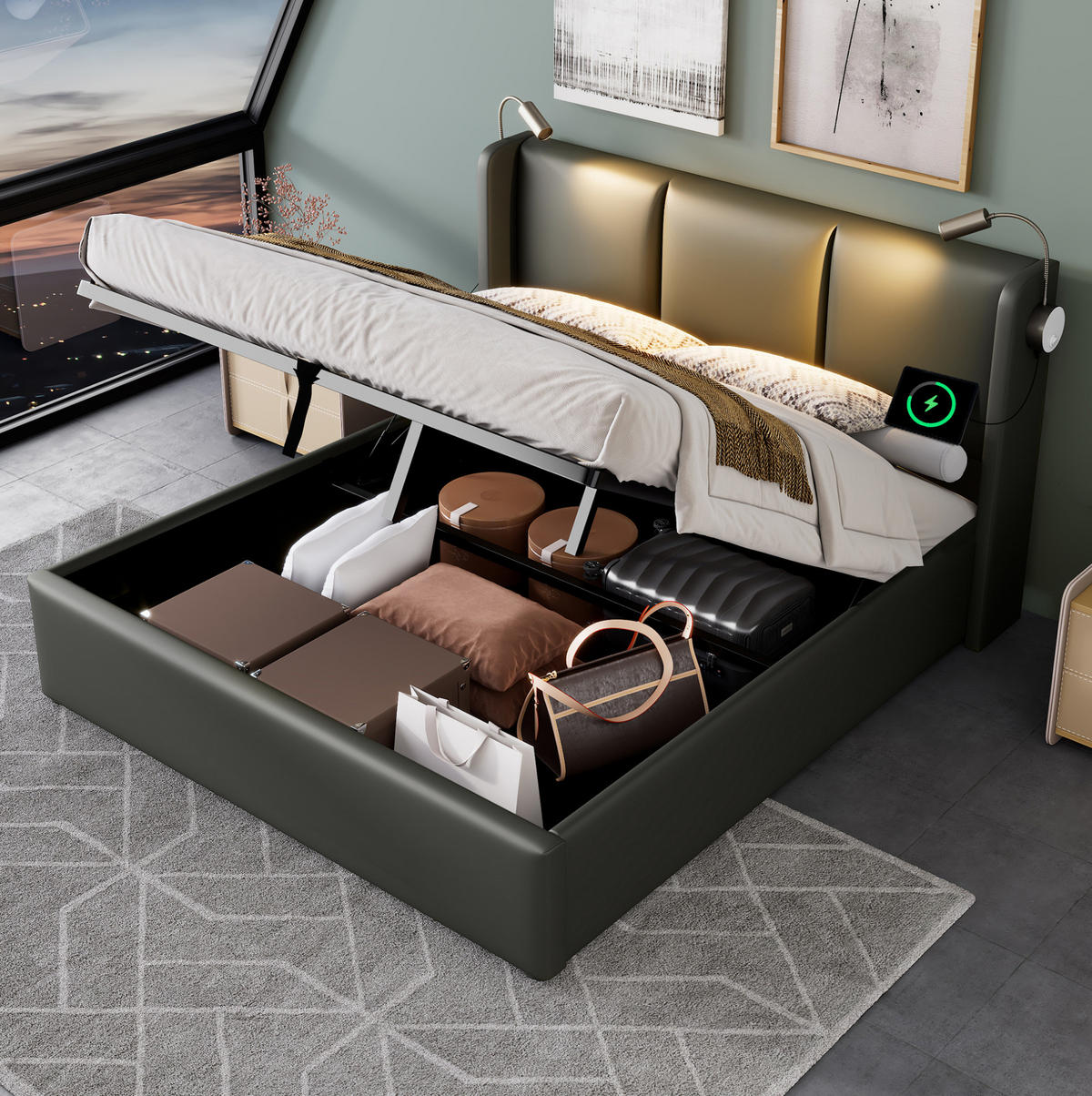 BETT mit Bettkasten 160x200 cm PU Grau mit Lattenrost - Grau, Metall (160/200cm) - Meubliv