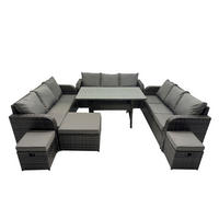 GARTENTISCHGRUPPE mit 3 Hocker Polyrattan Dunkelgrau 12-Sitzer - Dunkelgrau/Grau, Glas/Kunststoff - Fimous
