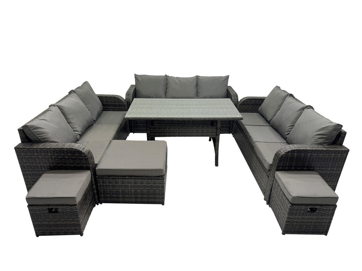 GARTENTISCHGRUPPE mit 3 Hocker Polyrattan Dunkelgrau 12-Sitzer - Dunkelgrau/Grau, Glas/Kunststoff - Fimous