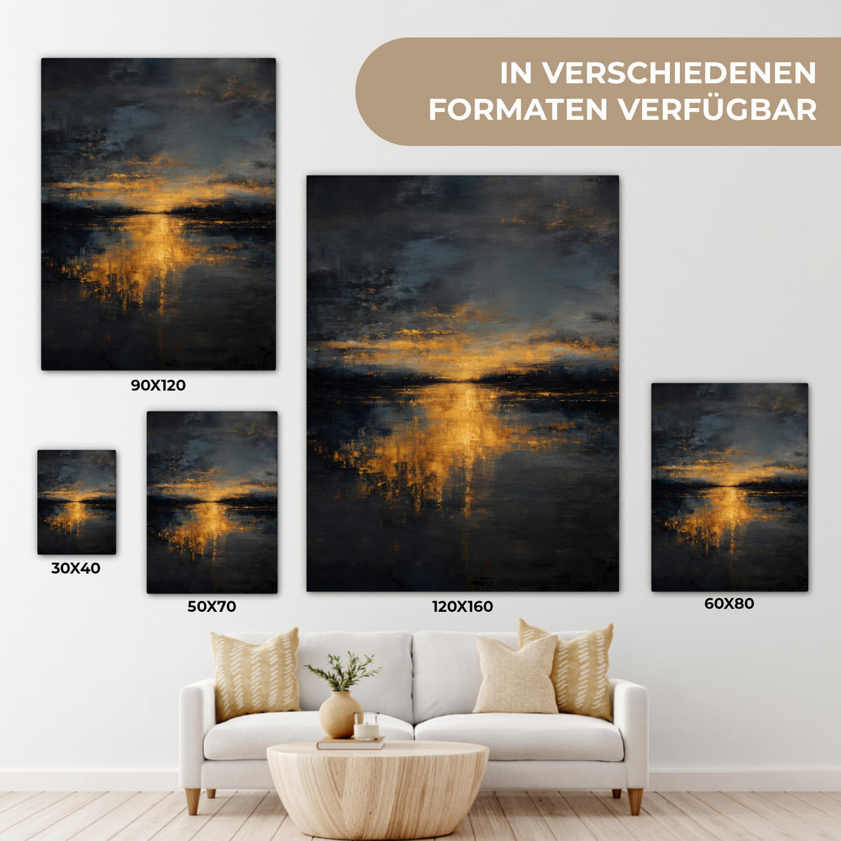LEINWANDBILD Goldene Reflexion auf dem Wasser Room Decor 30x40 cm - Anthrazit, Textil (30/40cm) - MuchoWow