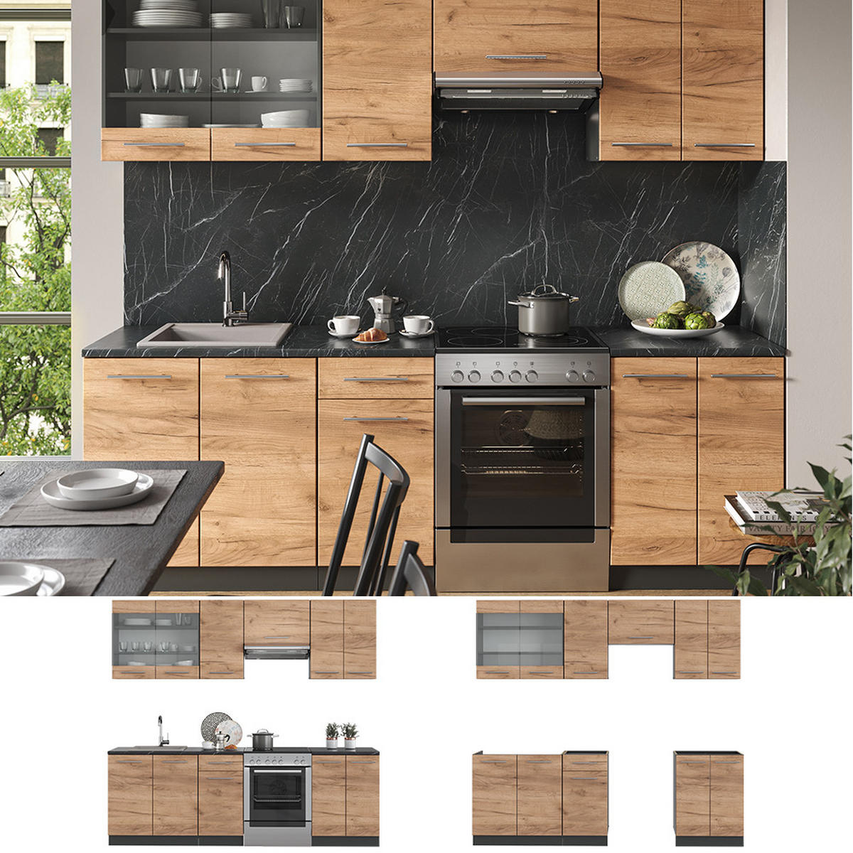KÜCHENZEILE Fame-Line Goldkraft Eiche/Anthrazit 240 cm, AP Eiche - Anthrazit/Eiche Wotan, Holzwerkstoff (240/81.6/60cm) - Vicco