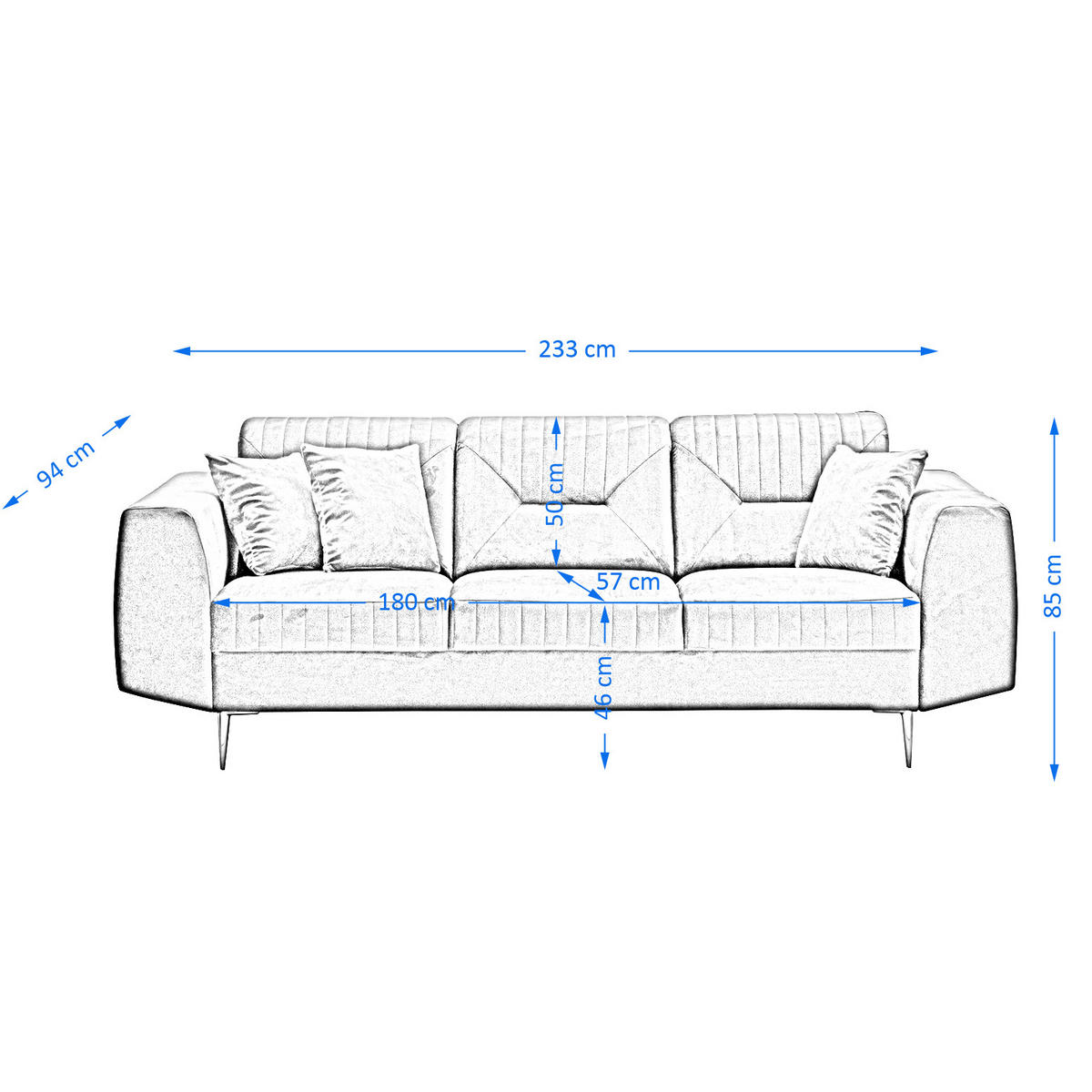 3-SITZER SOFA Venezia dunkelgrau mit schwarzen Beinen - Dunkelgrau/Schwarz, Textil/Metall (233/85/94cm) - Beautysofa