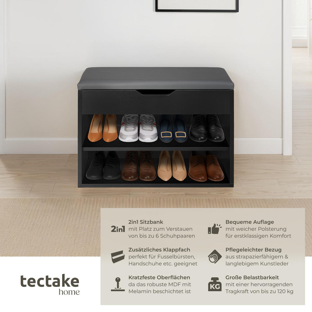 SCHUHBANK Jasmina,60 x 30 x 43,5 cm,schwarz - Schwarz, Holz (30/43.5/60cm) - tectake