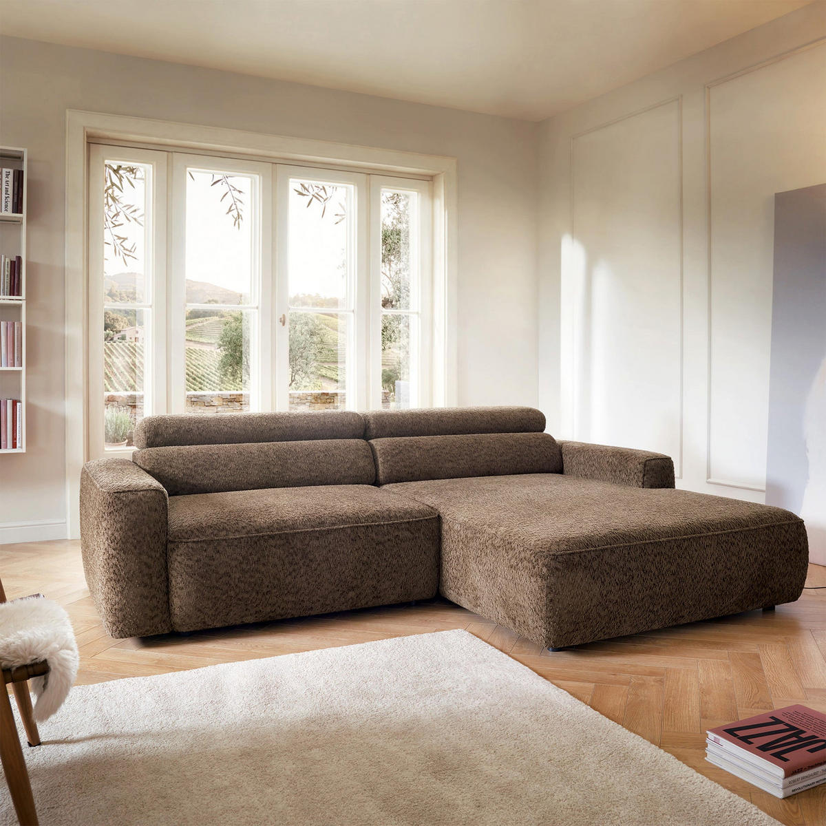 ROHOVÁ pohovka Fando s elektricky výsuvným sedákem, světle hnědý ženil - černá/světle hnědá, textil/plast (182/252cm) - Selsey