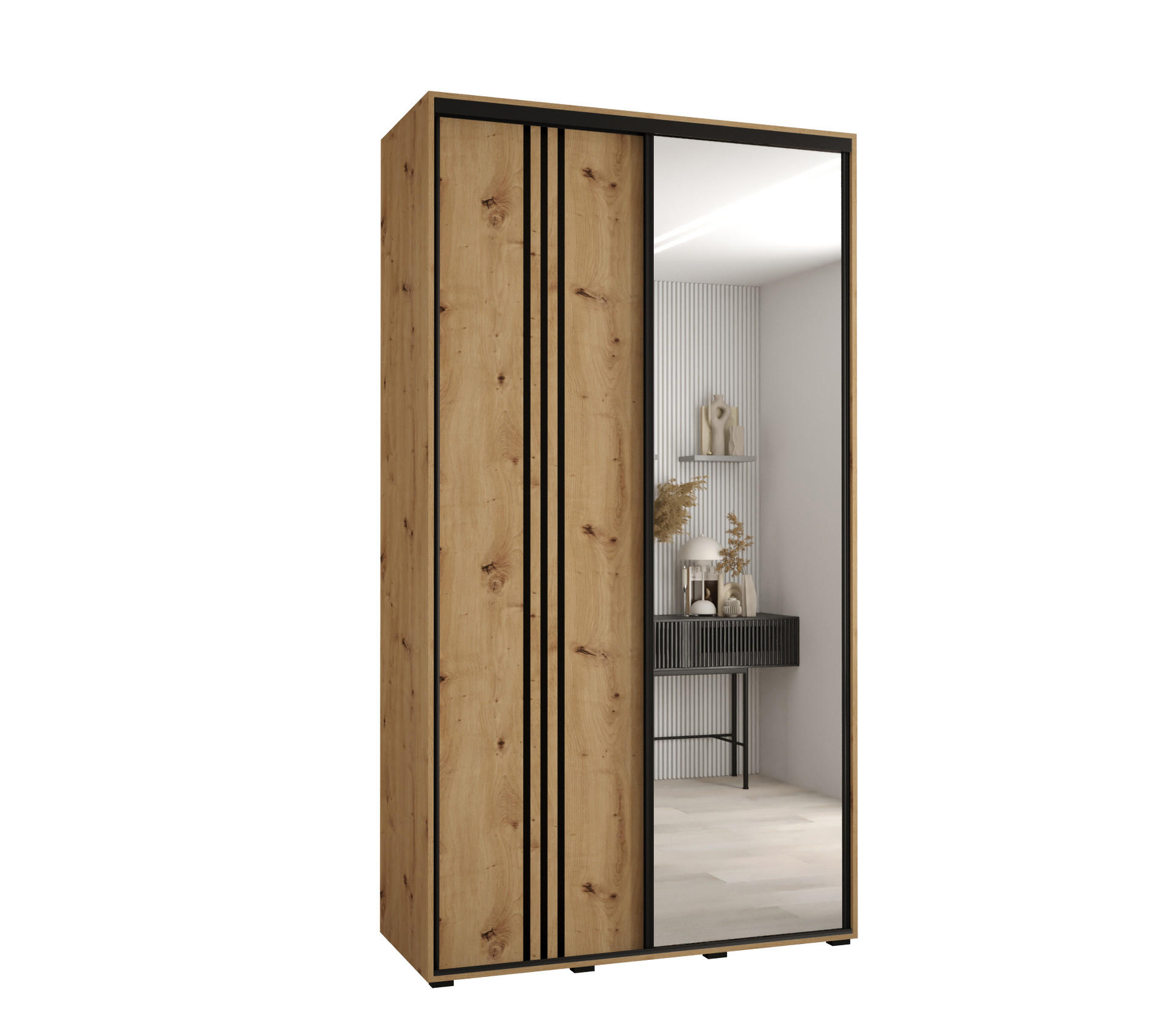 Abiks Möbel Schwebetürenschrank Eiche Artisan, Eiche Artisan, Schwarz 140x235x60 cm