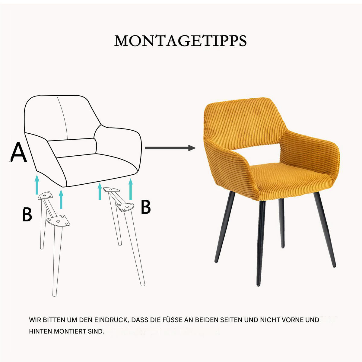 ARMLEHNSTUHL-SET 4 Stück in Eisen Cord - Gelb, Metall (56/78/56cm) - Meubles Cosy