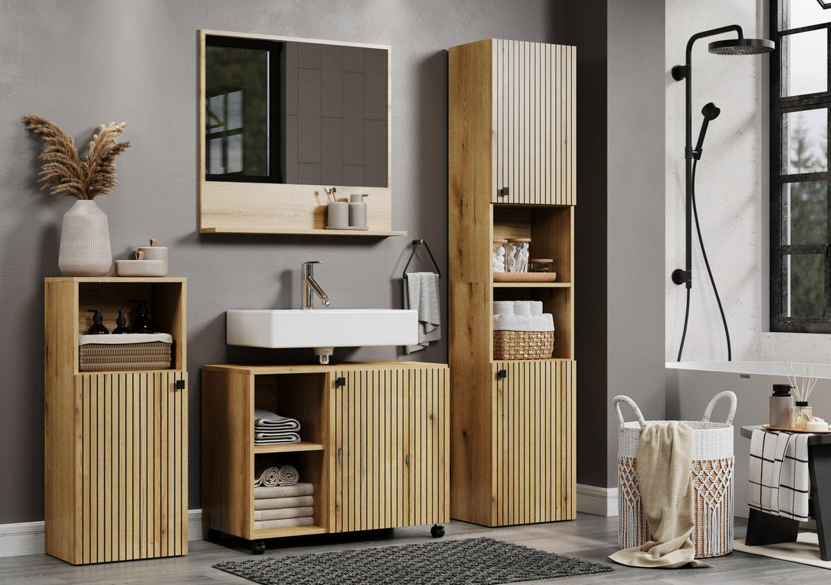 WASCHBECKENUNTERSCHRANK Evoke Eiche 80 cm, Badschrank auf Rollen - Eichefarben/Schwarz, Holzwerkstoff/Kunststoff (80/64/42cm) - Top.Furn