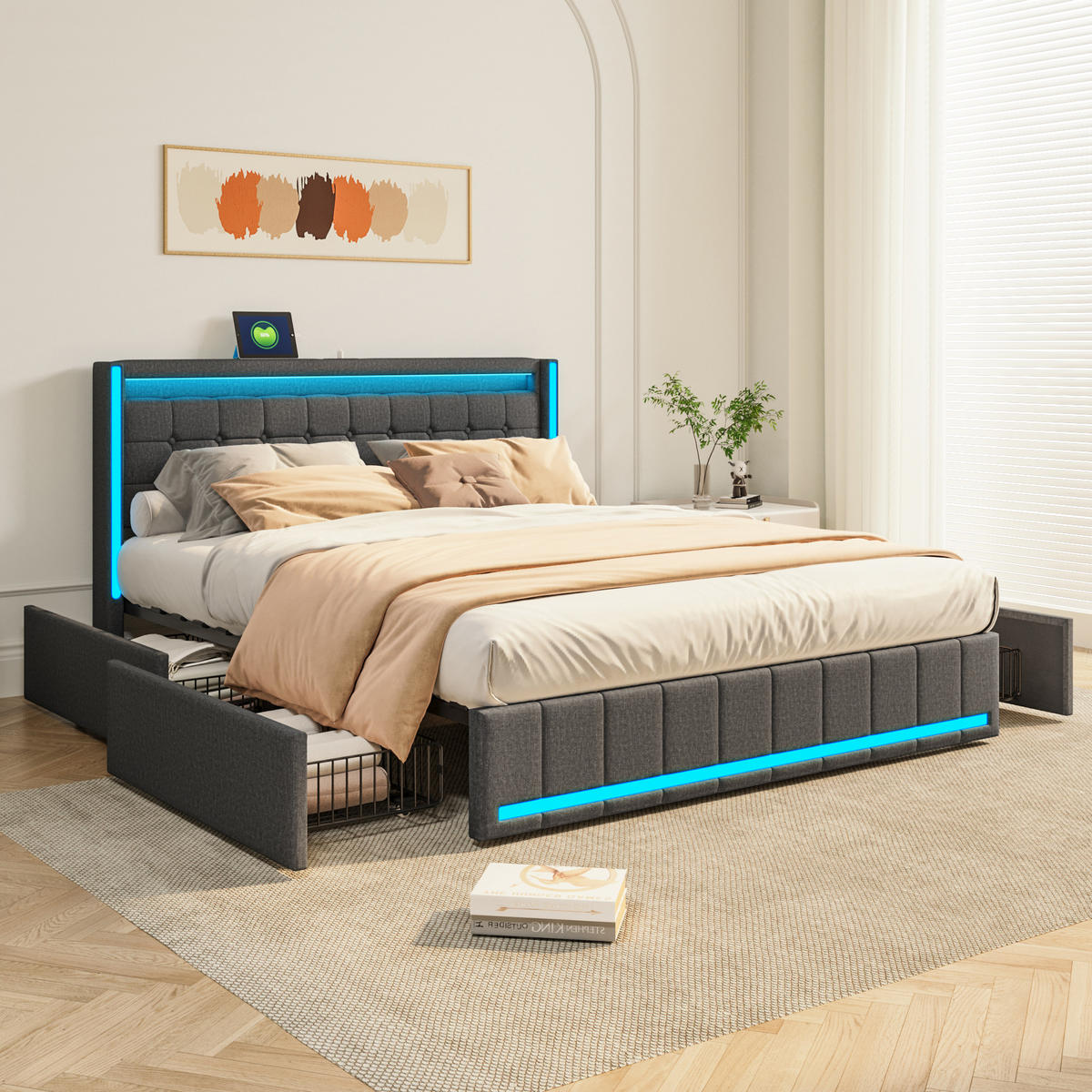 POLSTERBETT 140x190 cm Dunkelgrau Leinen LED USB 4 Schubladen - Grau, Holz (140/200cm) - SHOPENTRA