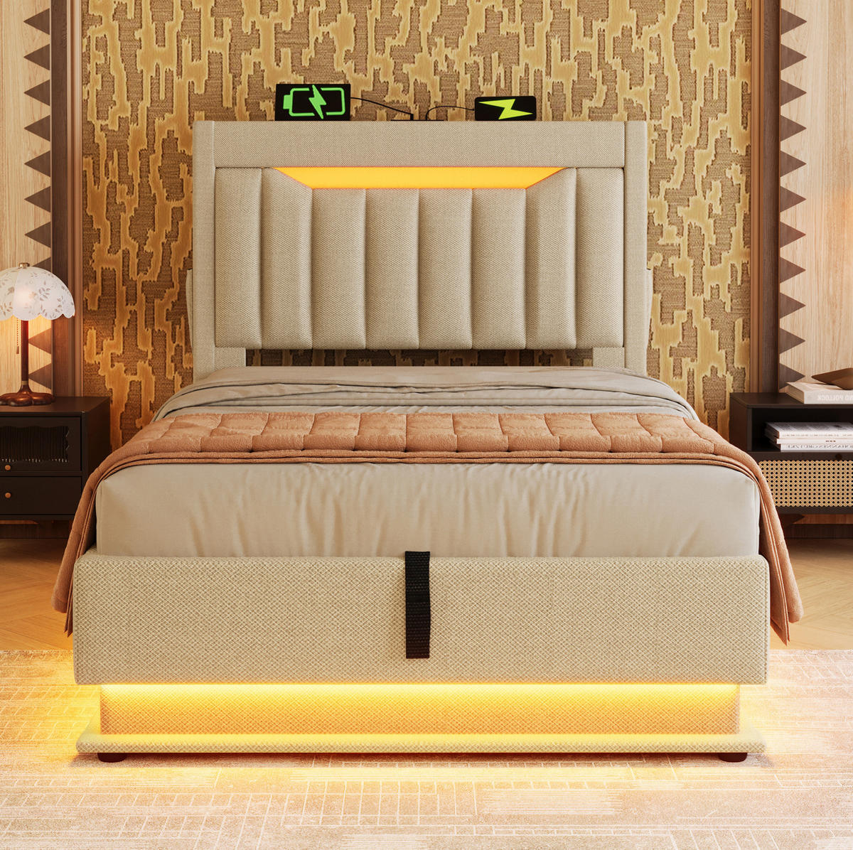 BETT mit Stauraum und LED 90x200 cm Leinen Beige - Beige, Metall (90/200cm) - Beauniv