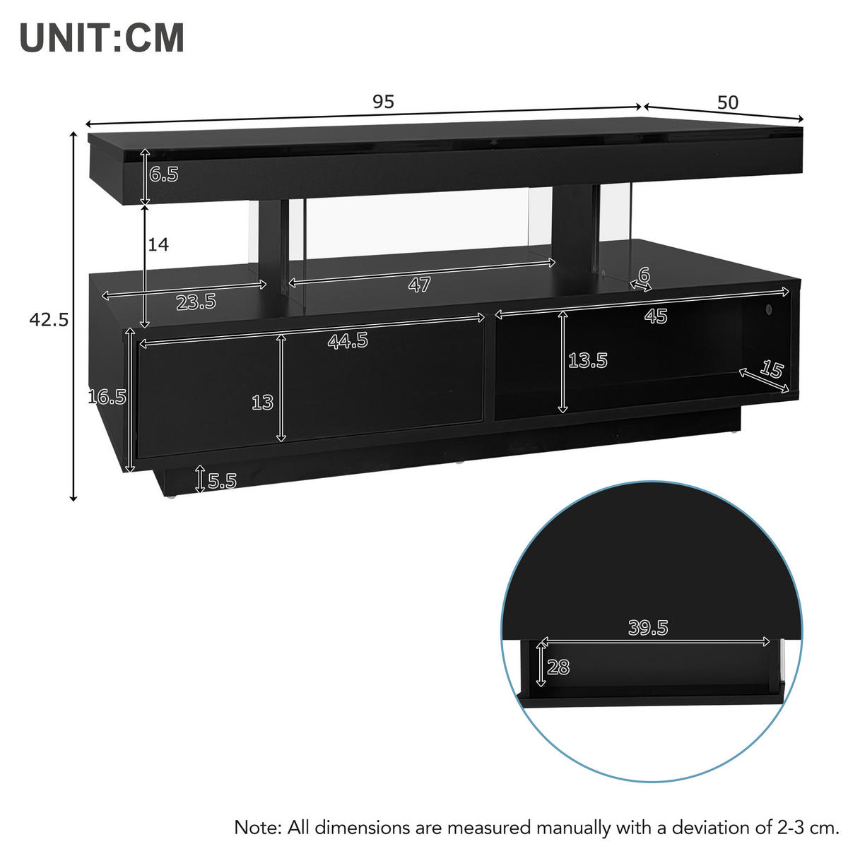 COUCHTISCH aus Spanplatte 95x50x42,5 cm Schwarz mit LED-Beleuchtung, 2 Schubladen und offenen Fächern - Schwarz, Holzwerkstoff (95/50/42.5cm) - IVMEU