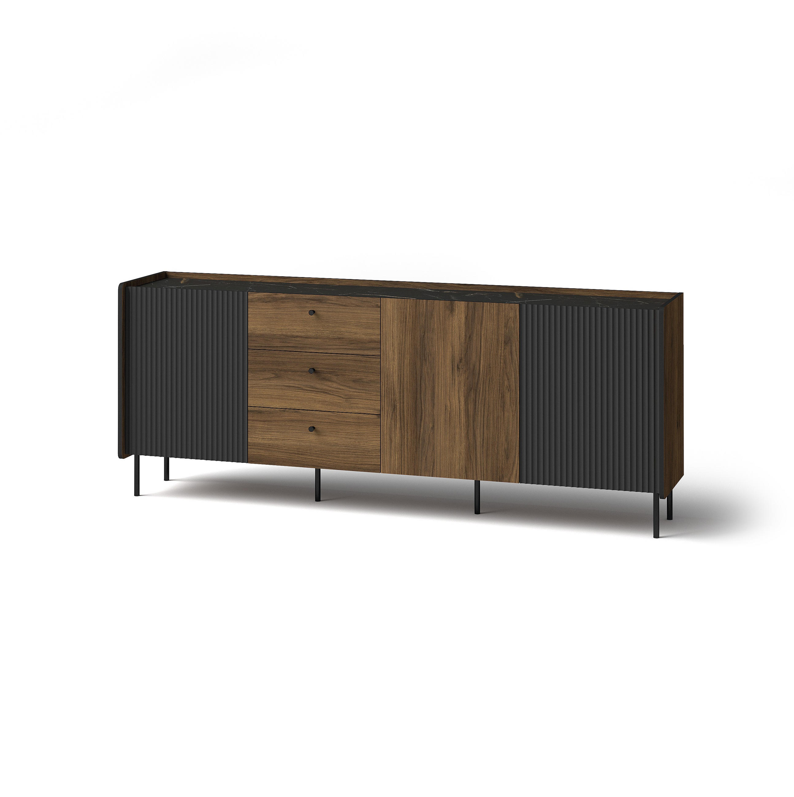 KOMMODE Prestigo Schwarz, Warmia Walnuss, Dreitürige Kommode mit Schubladen - Walnussfarben/Schwarz, Holzwerkstoff (200/78/40cm) - Bettso