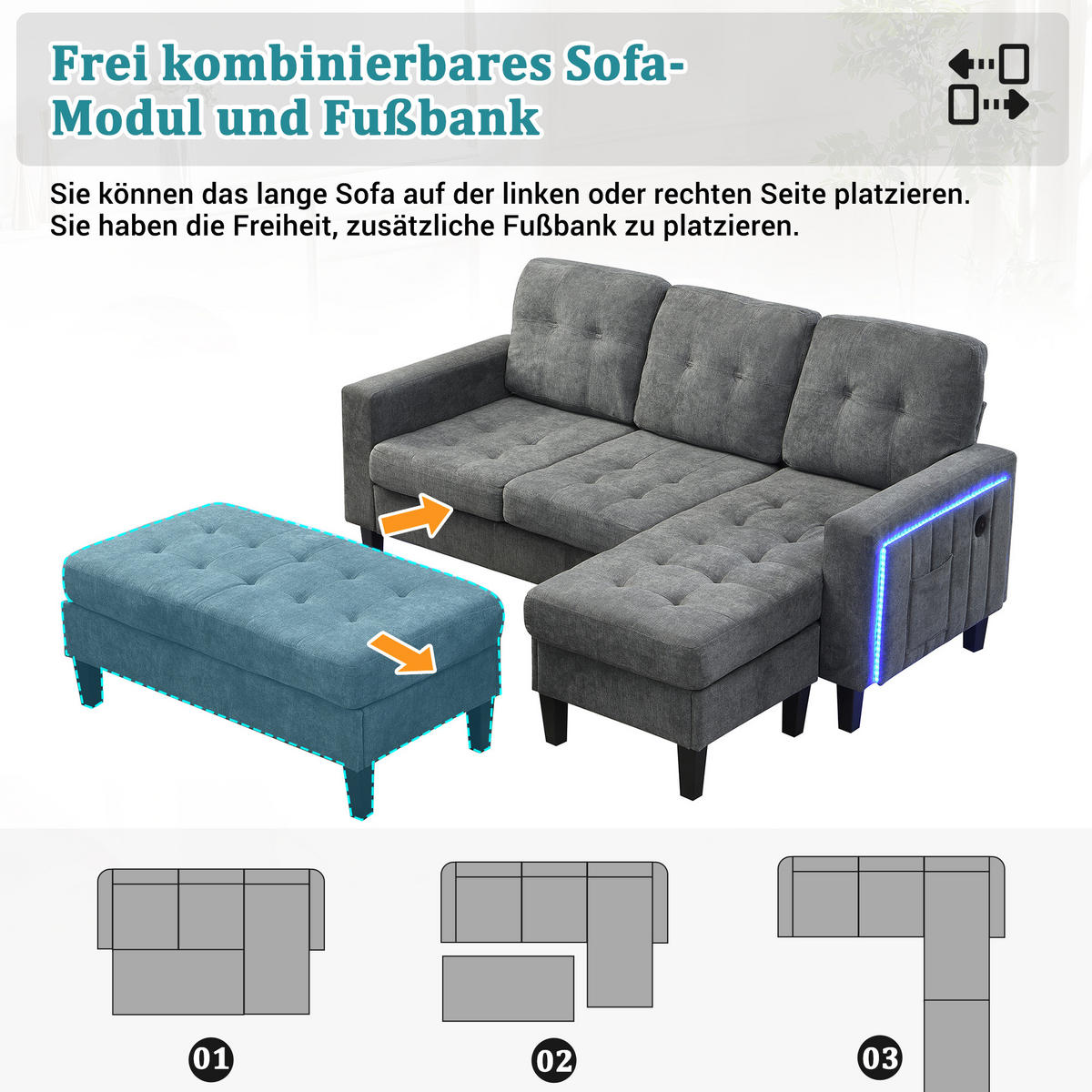 SCHLAFSOFA 185/135/85 cm Antikgrau mit beweglicher Fußbank und LED-Ambiente-Beleuchtung - Dunkelgrau, Textil (185/85/135cm) - Oxeza