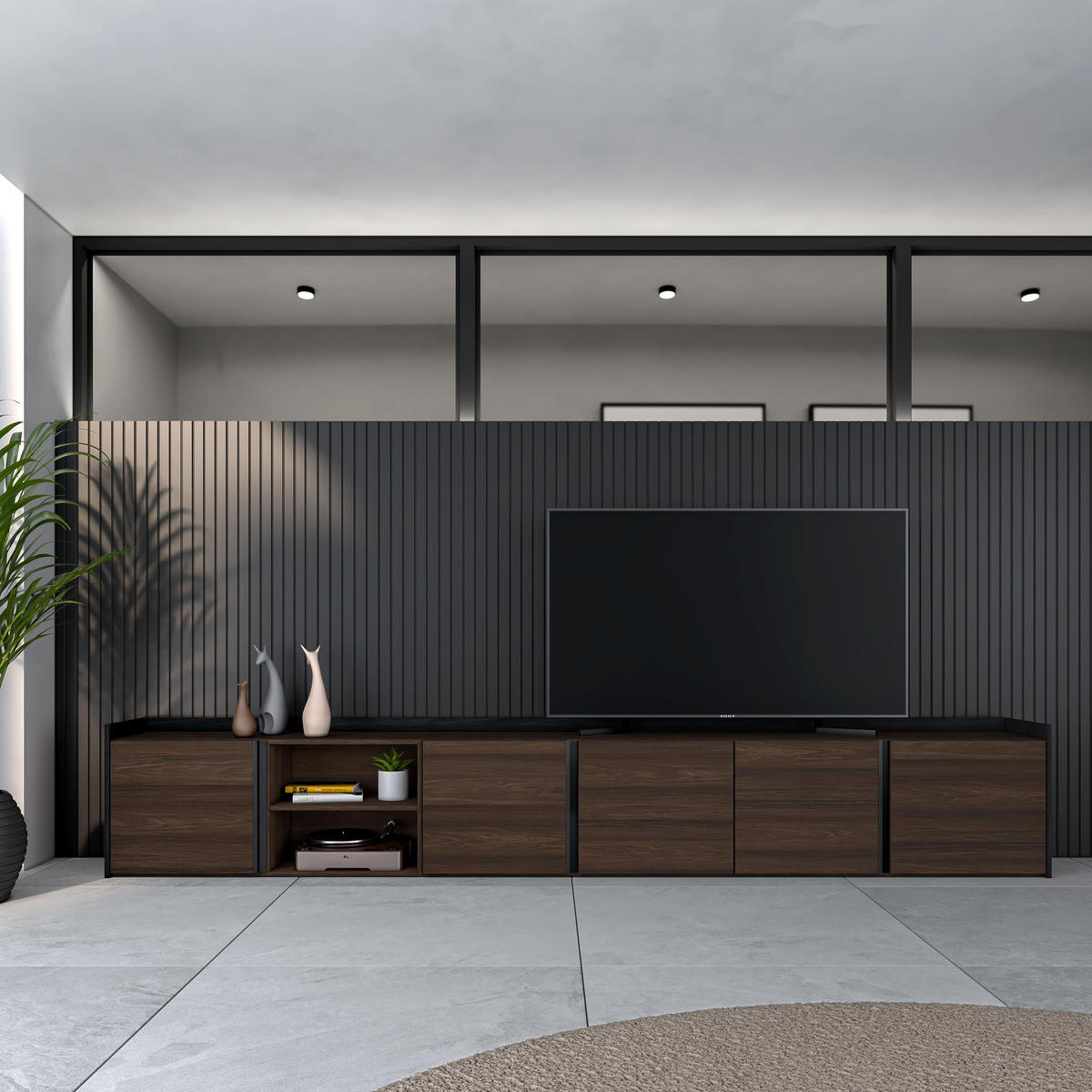 LOWBOARD, Dunkler Eiche und Schwarz, 309/35/50cm - Dunkelbraun, Holzwerkstoff (309/50/35cm) - Skraut Home