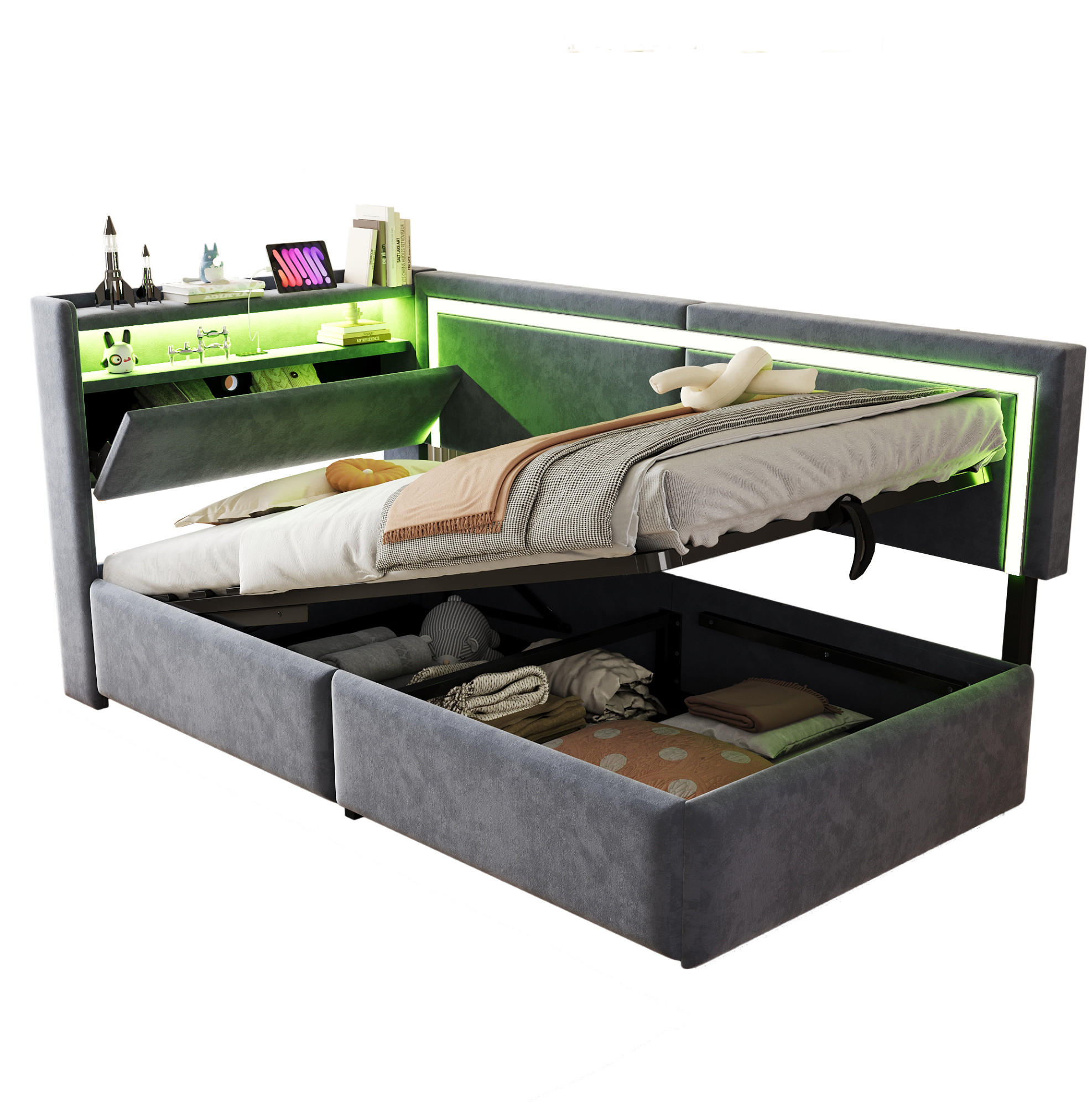 POLSTERBETT 90/200 cm mit LED-Beleuchtung, USB-Anschlüssen, Stauraum und Samtbezug, Grau - Grau, Holzwerkstoff (90/200cm) - Redom