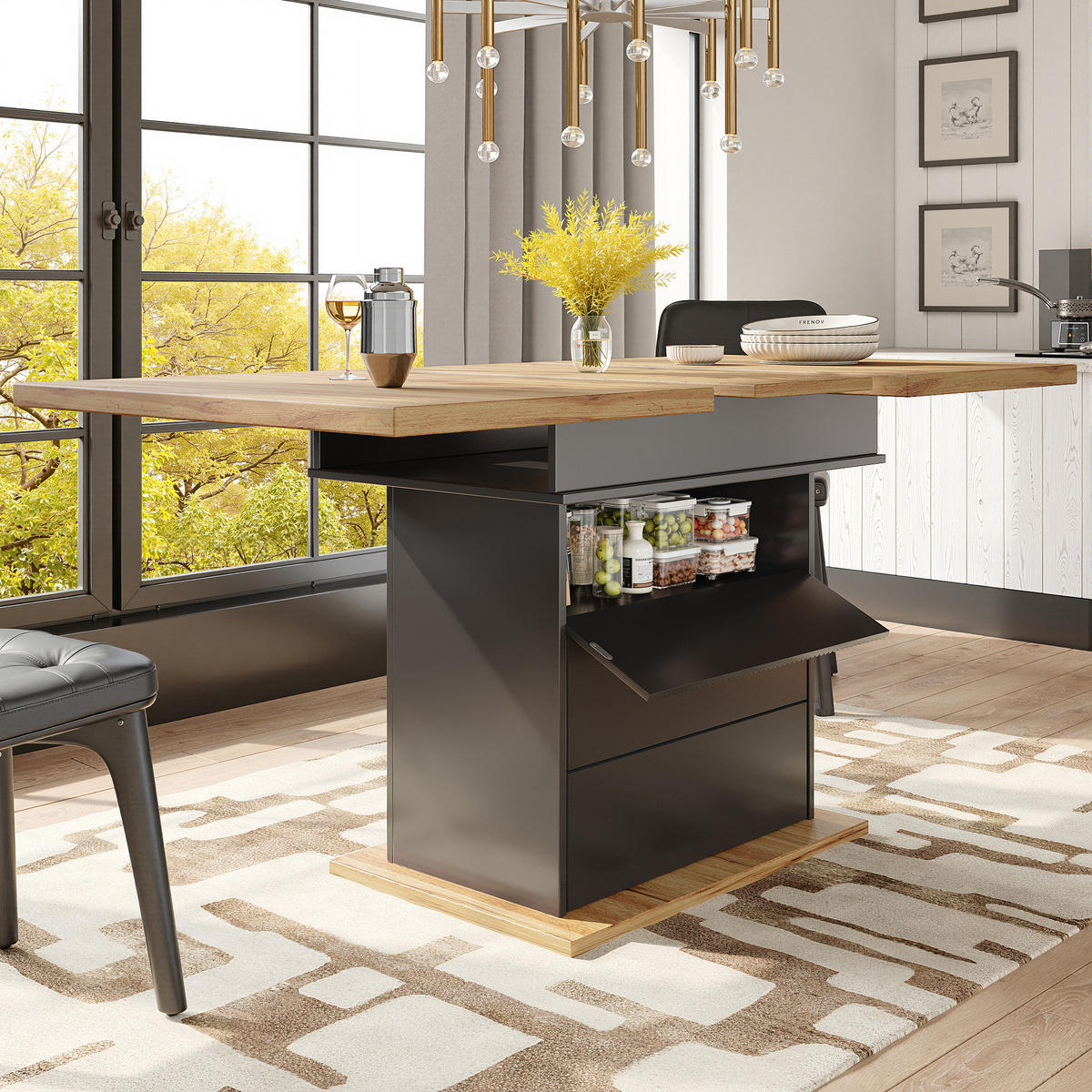 ESSTISCH Ausziehbarer aus MDF mit Stauraum, 110-140/80/75 cm, Schwarz - Schwarz, Holzwerkstoff (110/80/75cm) - Redom