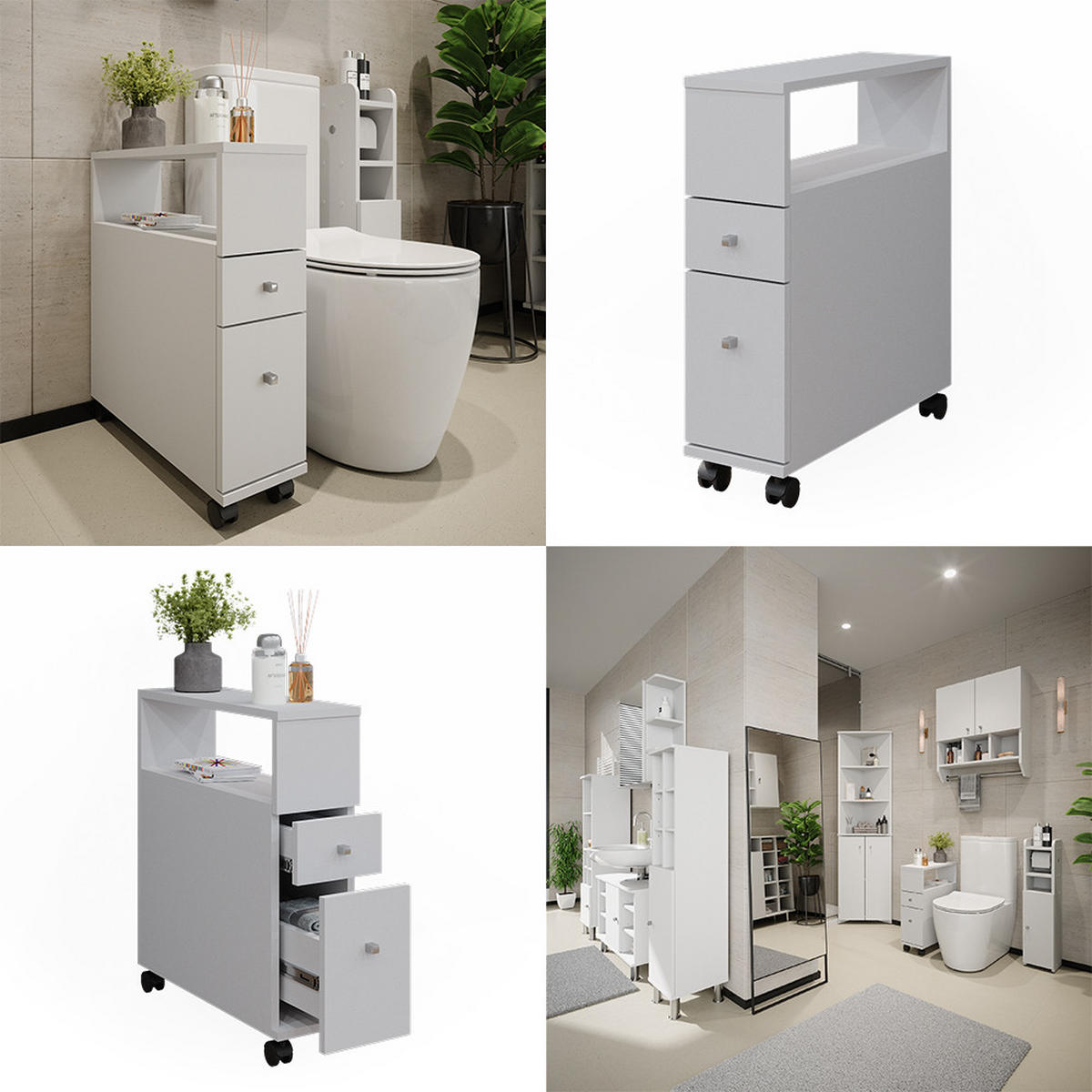 BADSCHRANK Fynn Weiß 17.6 x 61.6 cm mit 2 Schubladen - Weiß, Holzwerkstoff (17.6/61.6/52.8cm) - Vicco