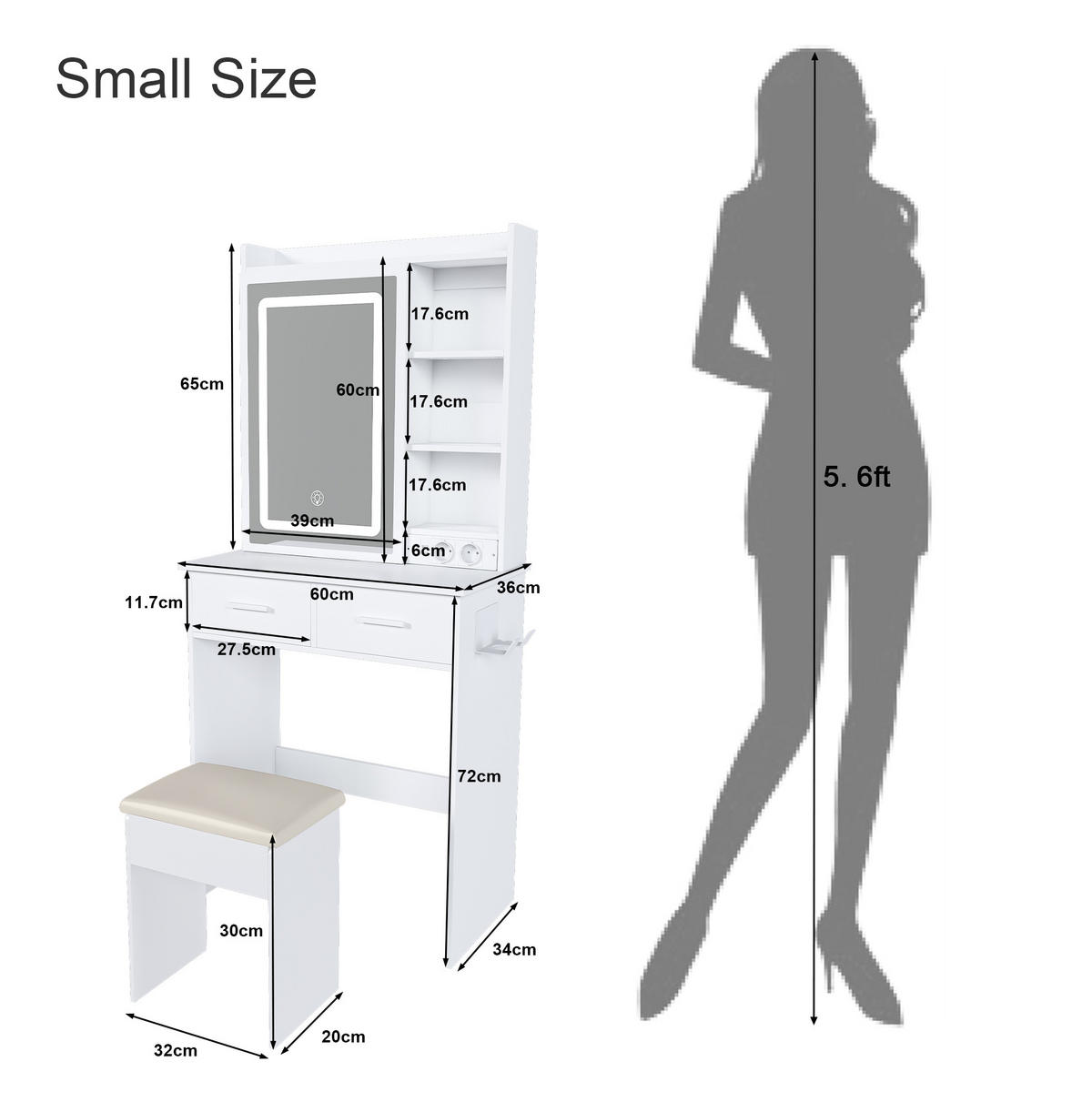 TOALETNÍ stolek 81/54/16 cm s LED osvětlením, USB porty, zásuvkami a taburetem, Bílá - bílá, kompozitní dřevo (60/136/36cm) - Redom