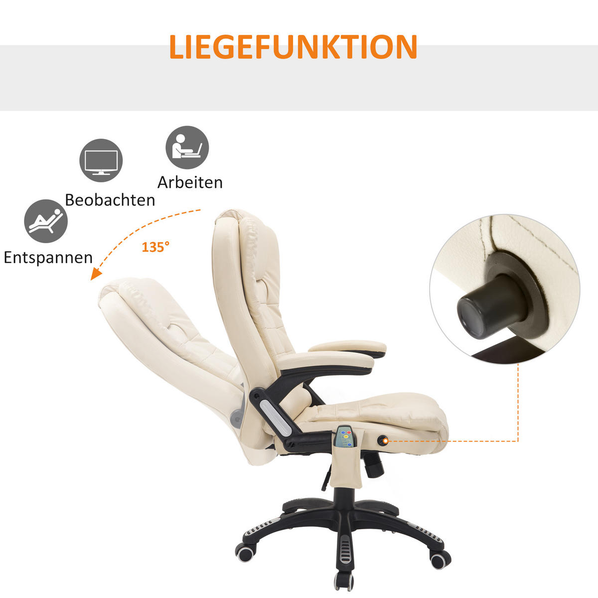 MASSAGESESSEL Bürostuhl Drehstuhl mit Wärmefunktion Chefsessel Bürosessel - Schwarz/Weiß, Kunststoff (68/121/62cm) - HOMCOM