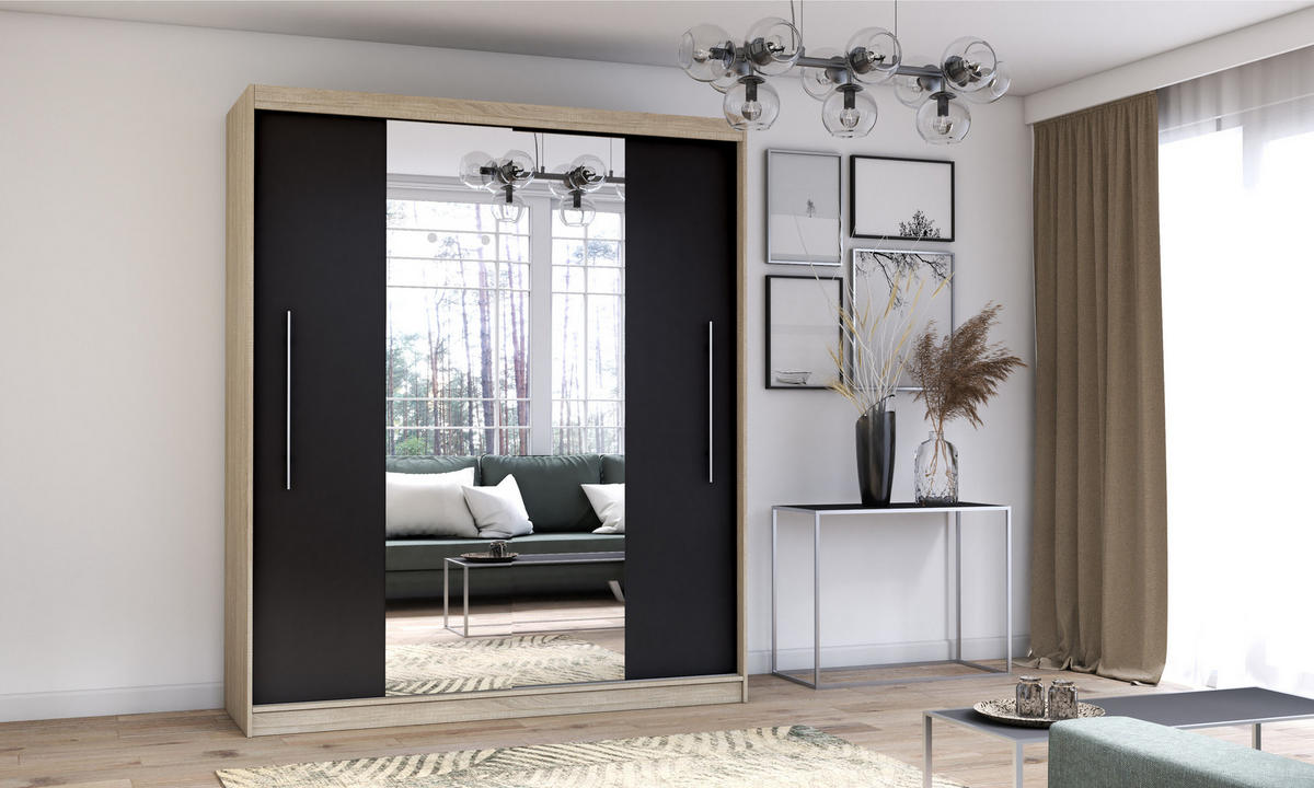 SCHIEBETÜRENSCHRANK - NICO 01 Sonoma + Schwarz - Schwarz/Sonoma Eiche, Holzwerkstoff/Metall (204/218/58cm) - Möblo