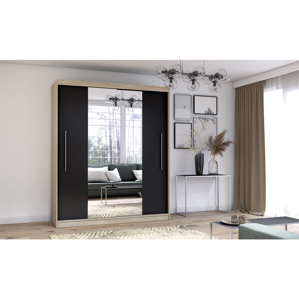 Thumbnail - Möblo Schiebetürenschrank, Sonoma Eiche, Schwarz, Metall, Rechteckig, 204x218x58 cm, Schlafzimmer, Kleiderschränke, Schw...