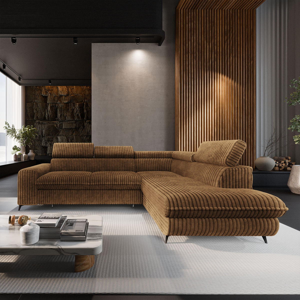 ECKSOFA VELISS Orange Kordstoff mit Schlaffunktion - Orange, Holz (255/193cm) - MASSENO