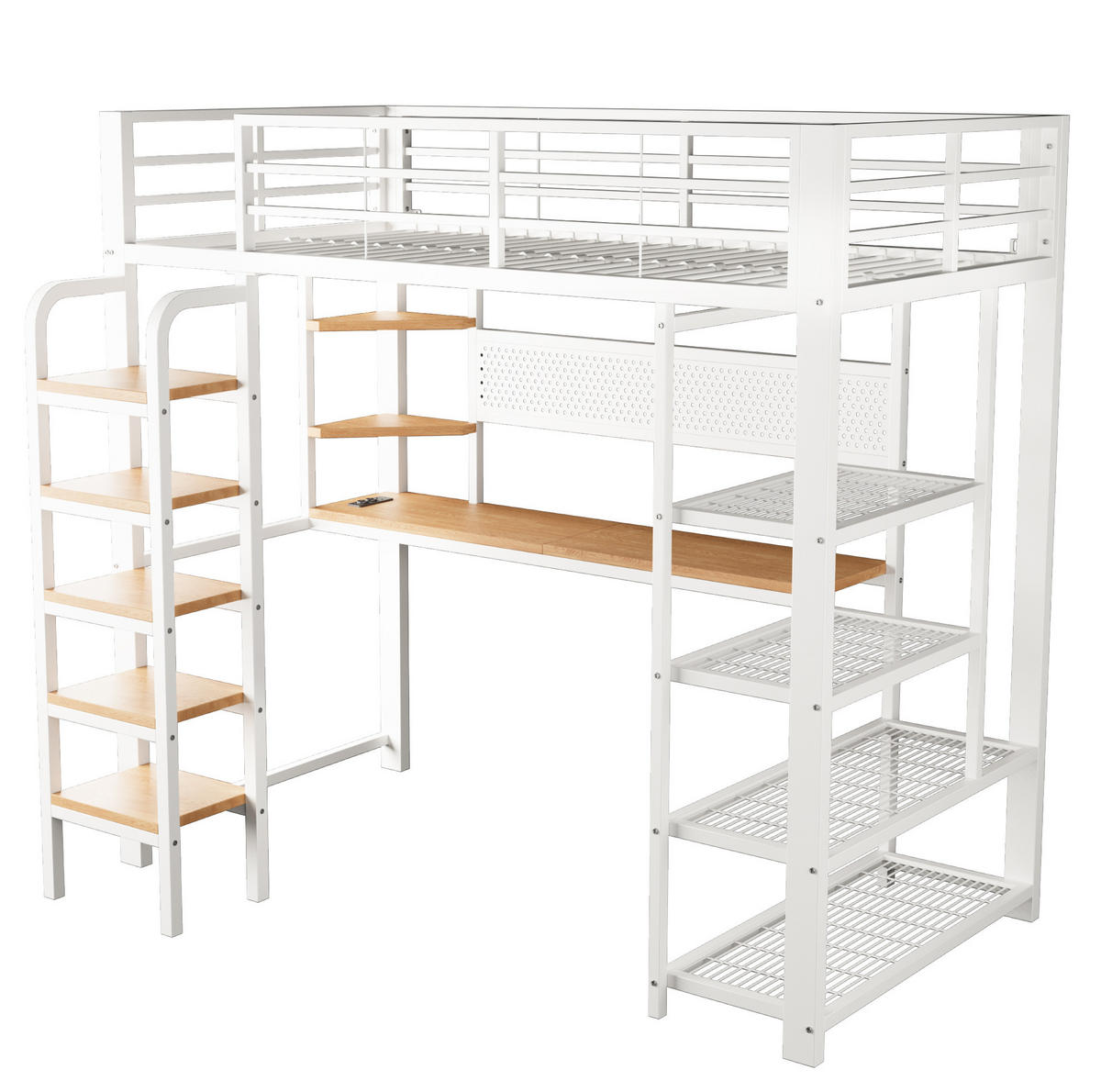 HOCHBETT 90/200 cm aus Metall und Holzwerkstoff mit Schreibtisch und LED-Beleuchtung Weiß - Weiß, Metall (90/200cm) - Modenvie
