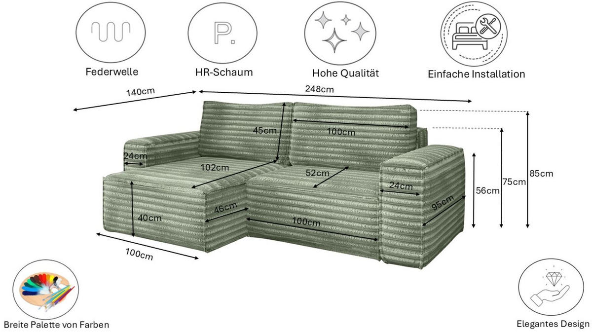 ECKSCHLAFSOFA Bohoo-Ecksofa mit Schlaffunktion stoff Velo Olive Rechts - Olivgrün, Holz/Textil (248/140cm) - Kaiser Möbel