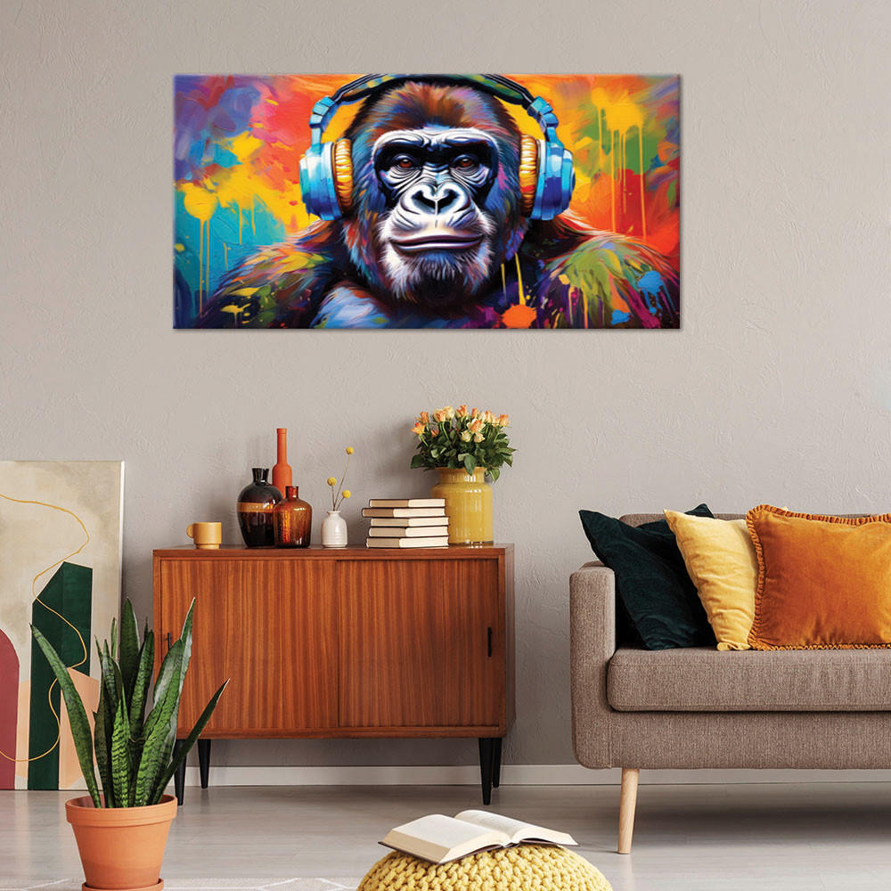 LEINWANDBILD Bunter Affe mit Kopfhörern 120x60cm - Multicolor, Textil (120/60cm) - Feeby