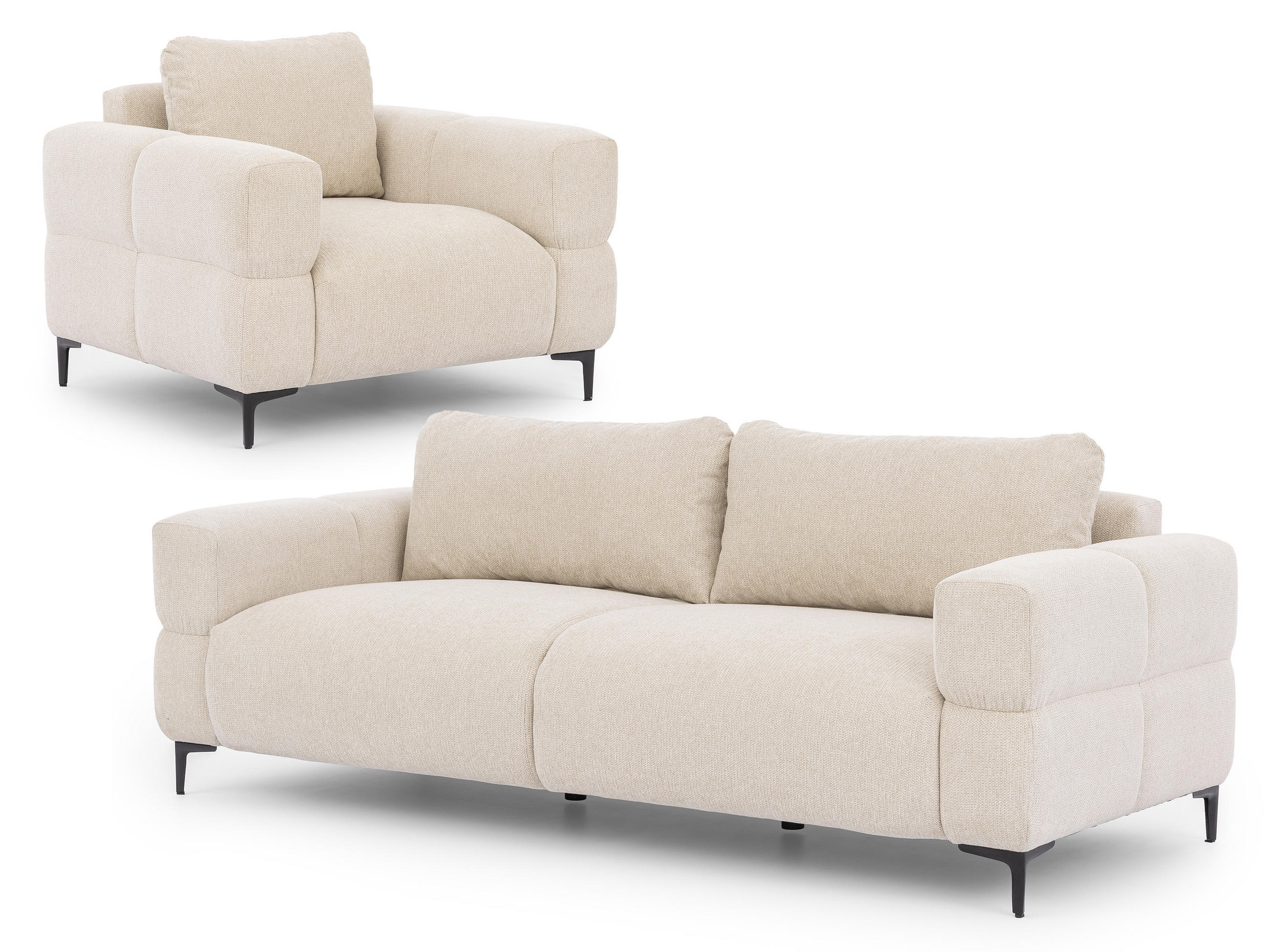 SITZGARNITUR 3+1 Cardea in Bubble-Optik aus weichem Hellbeige Strukturstoff mit hohem Sitzkomfort - Beige/Schwarz, Holz/Textil (217/80/97cm) - S-Style Möbel