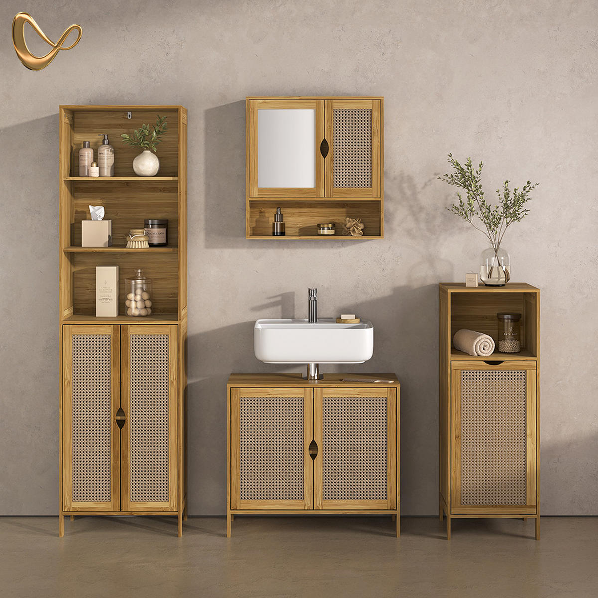 KOPALNIŠKA OMARICA Z OGLEDALOM Mincio, Bambus, 56 x 58 cm z 2 vrati - naravne barve, leseni material (56/58/13cm) - Livinity®