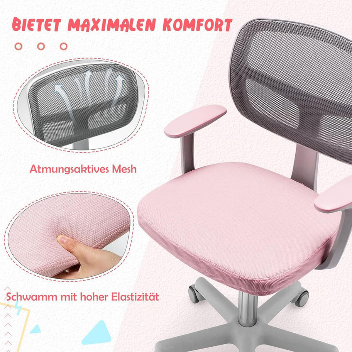 KINDER‑BÜROSTUHL 360°drehbar rosa - Pink, Kunststoff (54/80/54cm) - COSTWAY