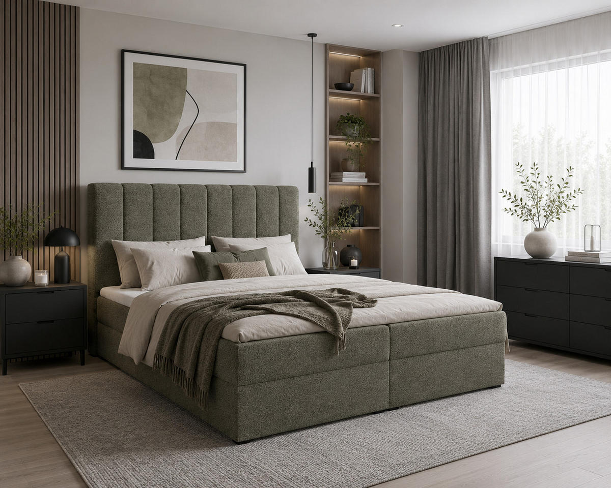 BOXBETT 01 140 x 200 cm - Arena – Stilvoll und bequem Mit Bettkasten, PU-Topper, Federmechanismus, waschbarer Bezug - Olivgrün, Holz (140/200cm) - ROYAL24_MARKT