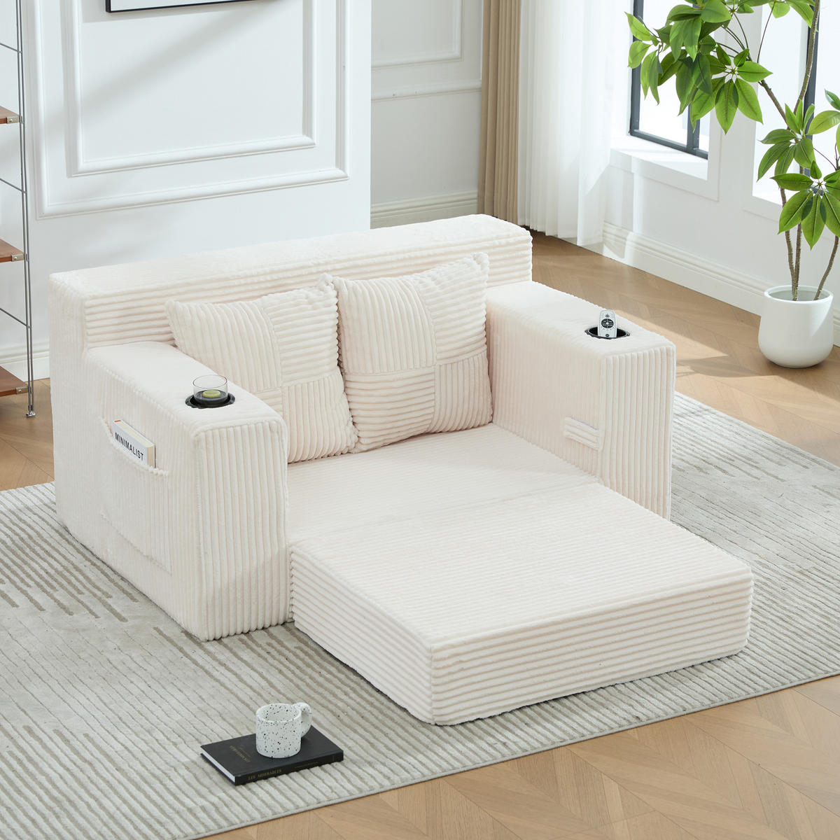 1,5-SITZER ausklappbar, Getränkehalter/Seitentasche, Cord, Beige - Beige, Textil (133/64/87cm) - LVHOM