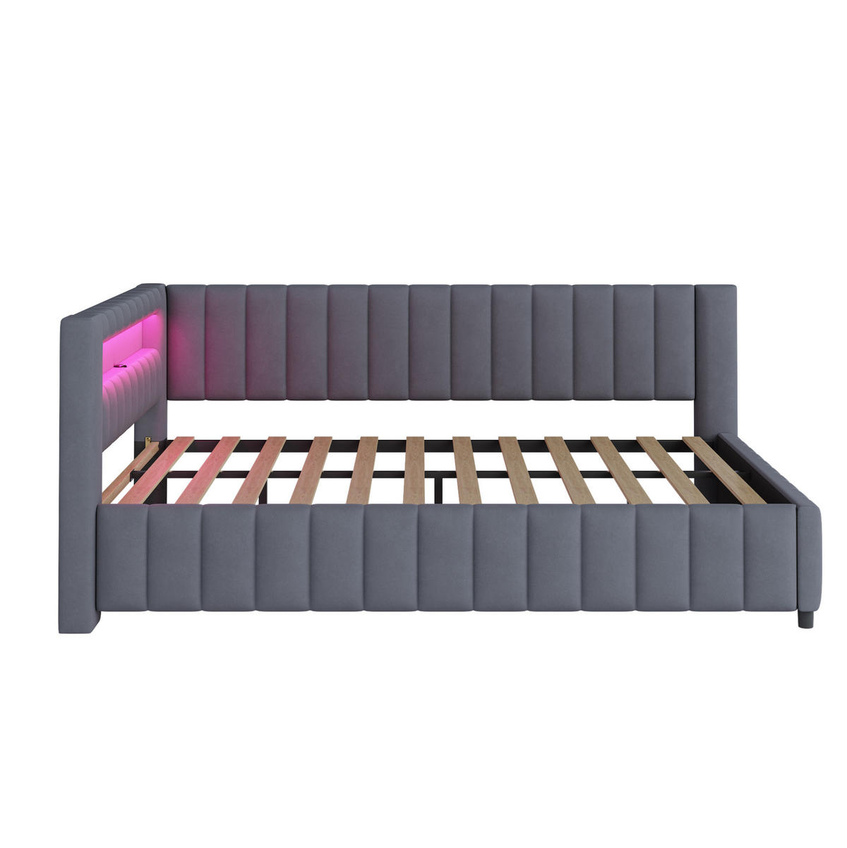 ČALÚNENÁ posteľ 140/200 cm sivá s LED osvetlením a USB portom zo zamatu - sivá, textil (140/200cm) - OKWISH