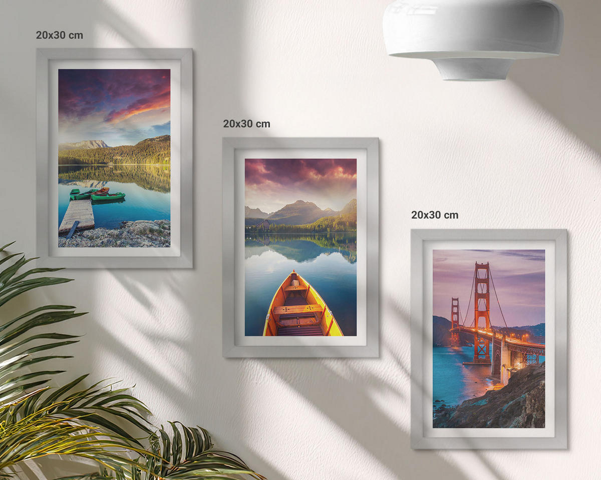 WANDBILDER 3er Set - 20x30 cm Silberner Rahmen - Bergblick auf den See und die Brücken - Silberfarben, Kunststoff (20/30cm) - ArtPrintCave