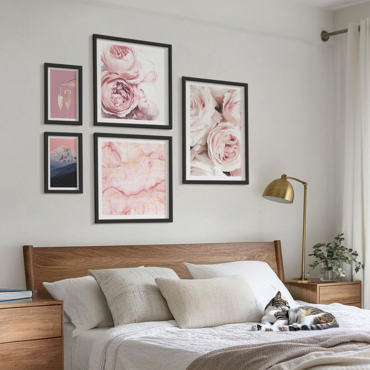 BILDER SET 5er Set - 50x50 cm & 20x30 cm & 40x60 cm Schwarzer Rahmen - Eiffels Porträt einer Frau mit Rosen - Schwarz, Kunststoff (40/60cm) - TULUP