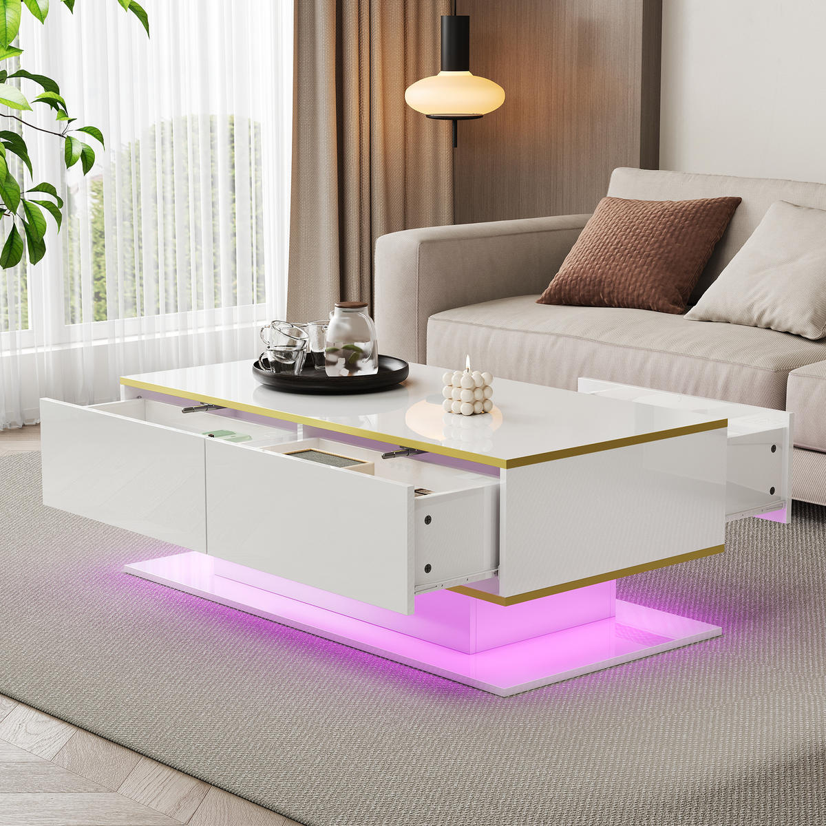 KONFERENČNÍ stolek 100/50/40 cm bílý a zlatý z dřevotřísky s LED osvětlením a 3 zásuvkami - bílá, kompozitní dřevo (100/50/40cm) - OKWISH