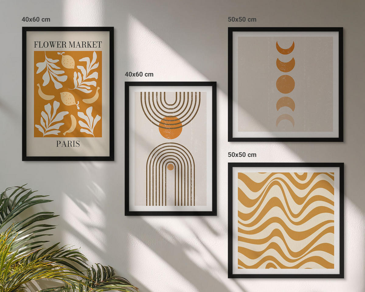 WANDBILDER 4er-Set - 50x50 cm & 40x60 cm Schwarzer Rahmen - Geometrische Pflanzenmuster - Schwarz, Kunststoff (50/50cm) - ArtPrintCave