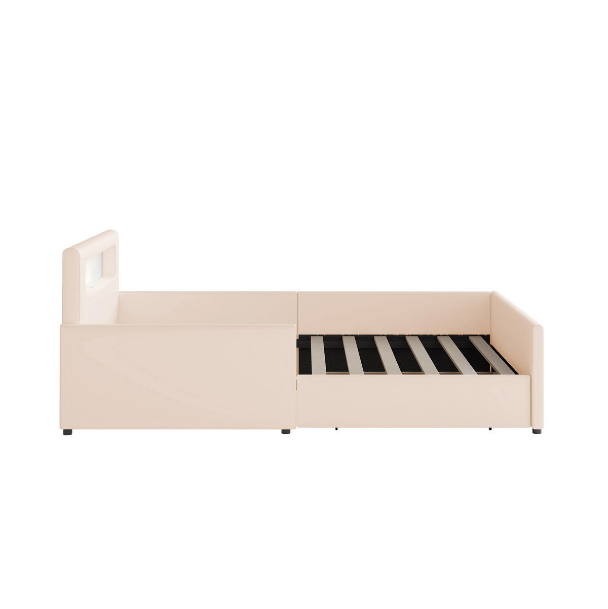 KINDERBETT 90/200 cm Beige aus Kunstleder mit Nachtlicht, USB-Anschluss und Schubladen - Beige, Textil (90/200cm) - OKMYHOME
