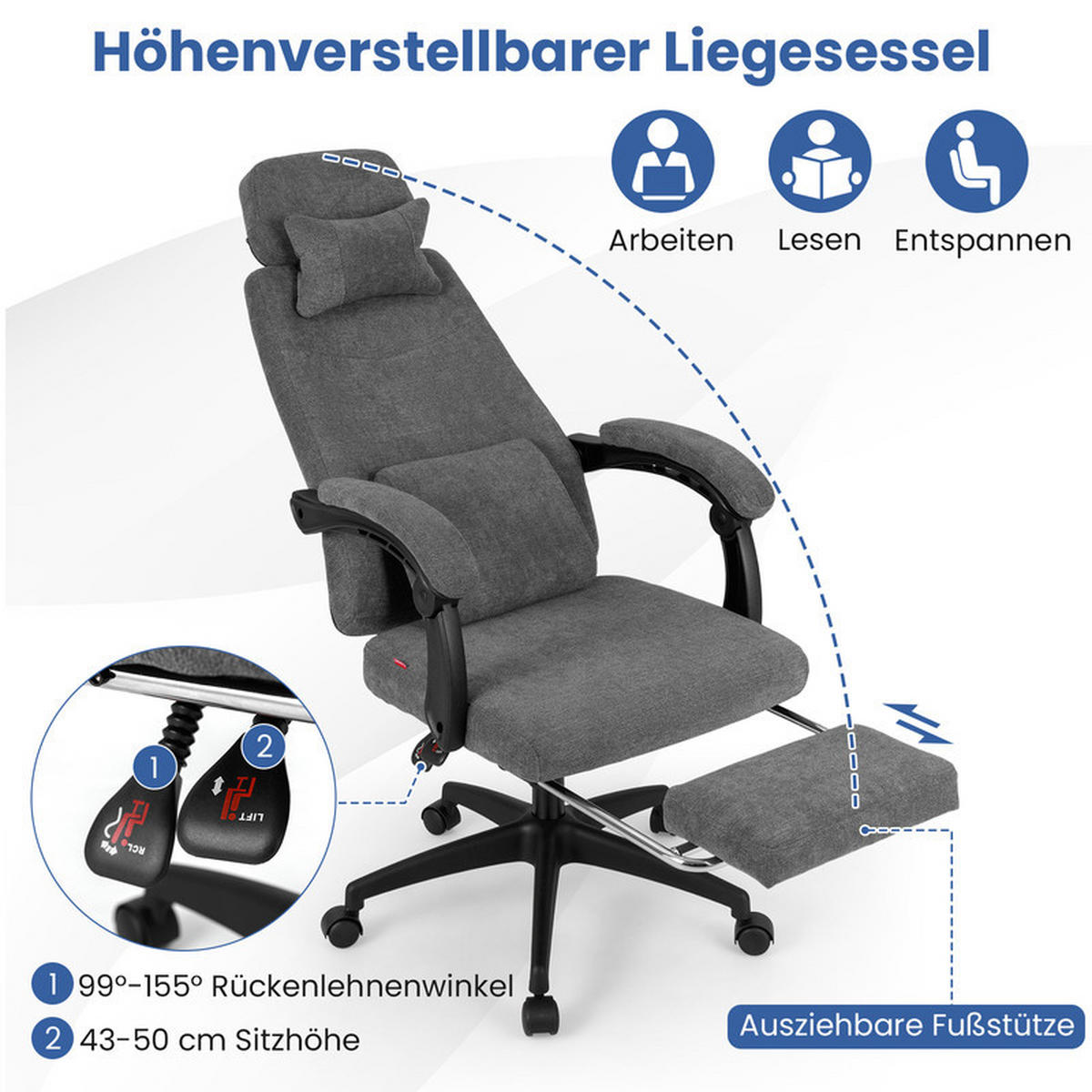 BÜROSTUHL mit ausziehbarer Fußstütze grau - Grau, Metall (100/119/66cm) - COSTWAY