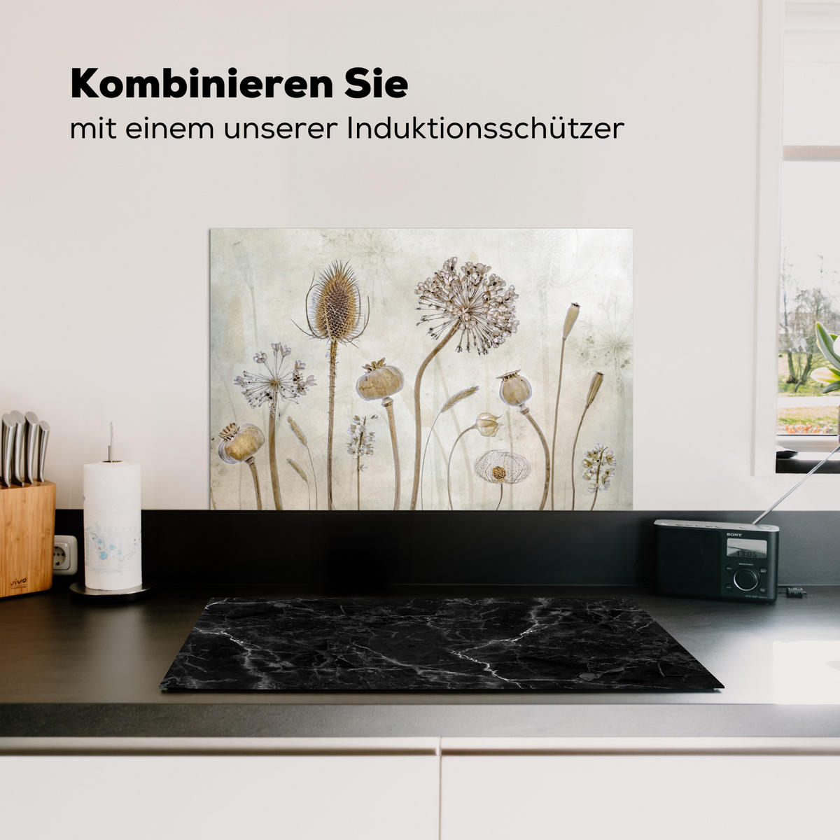 SPRITZSCHUTZ KÜCHE Blumen - Aquarell - Stilleben - Braun - Vintage 70x50 cm - Sandfarben, Metall (70/0.3/50cm) - MuchoWow