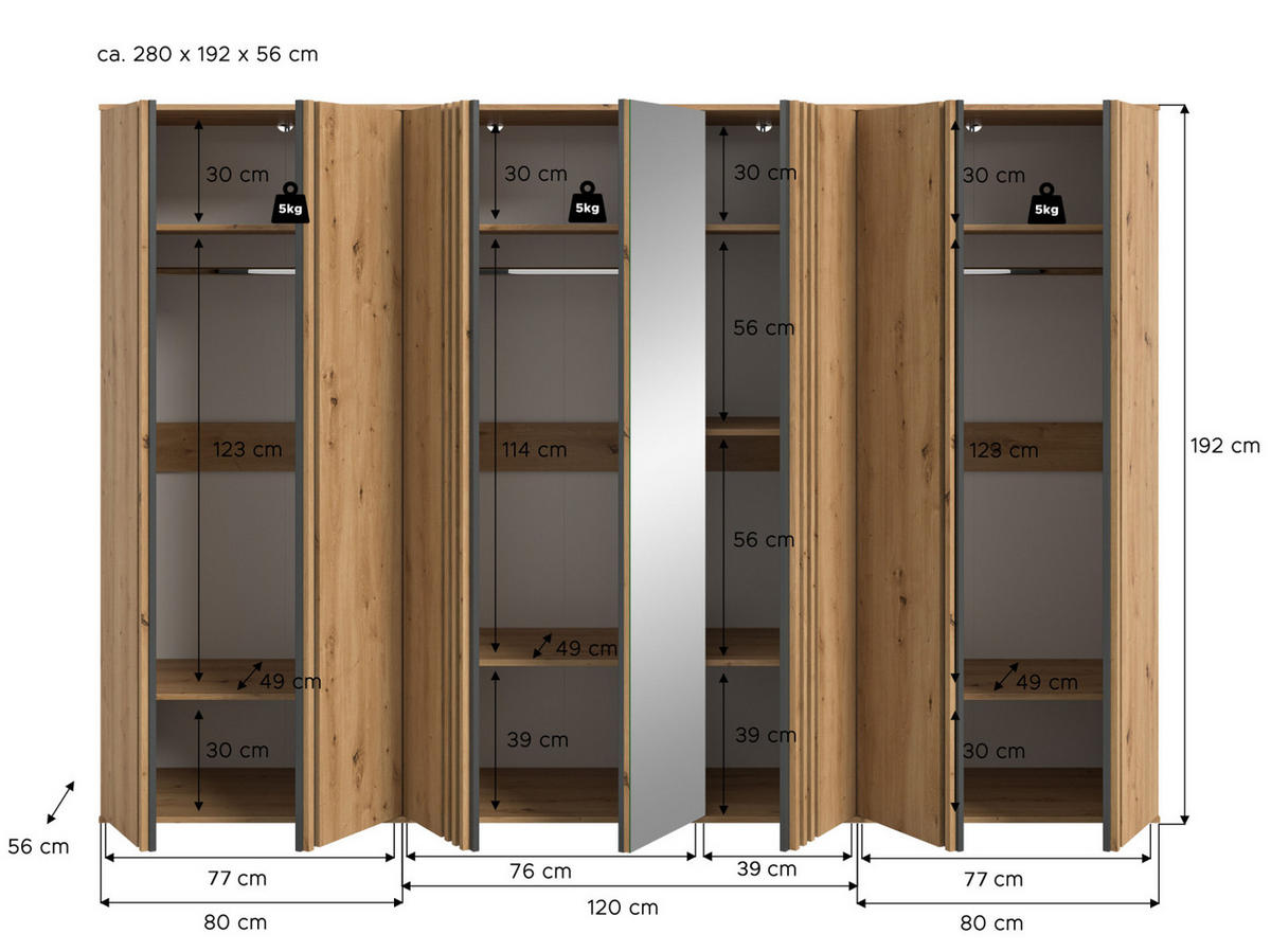 KLEIDERSCHRANK Eiche Artisan, grau 280 x 192 cm 7-türig, Drehtürenschrank mit Spiegel - Anthrazit/Eiche Artisan, Holzwerkstoff (280/192/56cm) - Inn.Furn