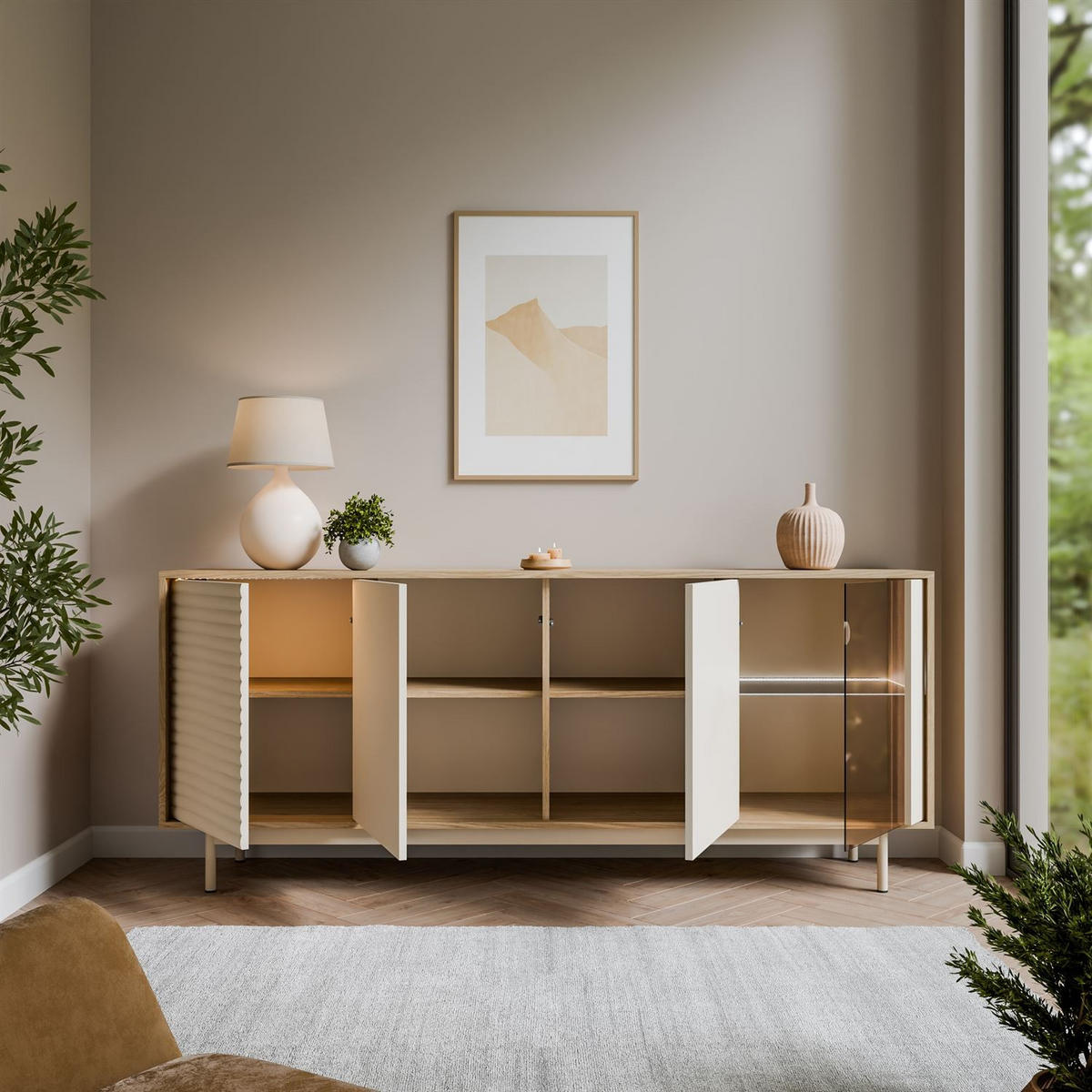 KOMMODE FLORENCE 3D1W mit LED-Beleuchtung - Kaschmir, Holzwerkstoff (184/77/40cm) - Lookway