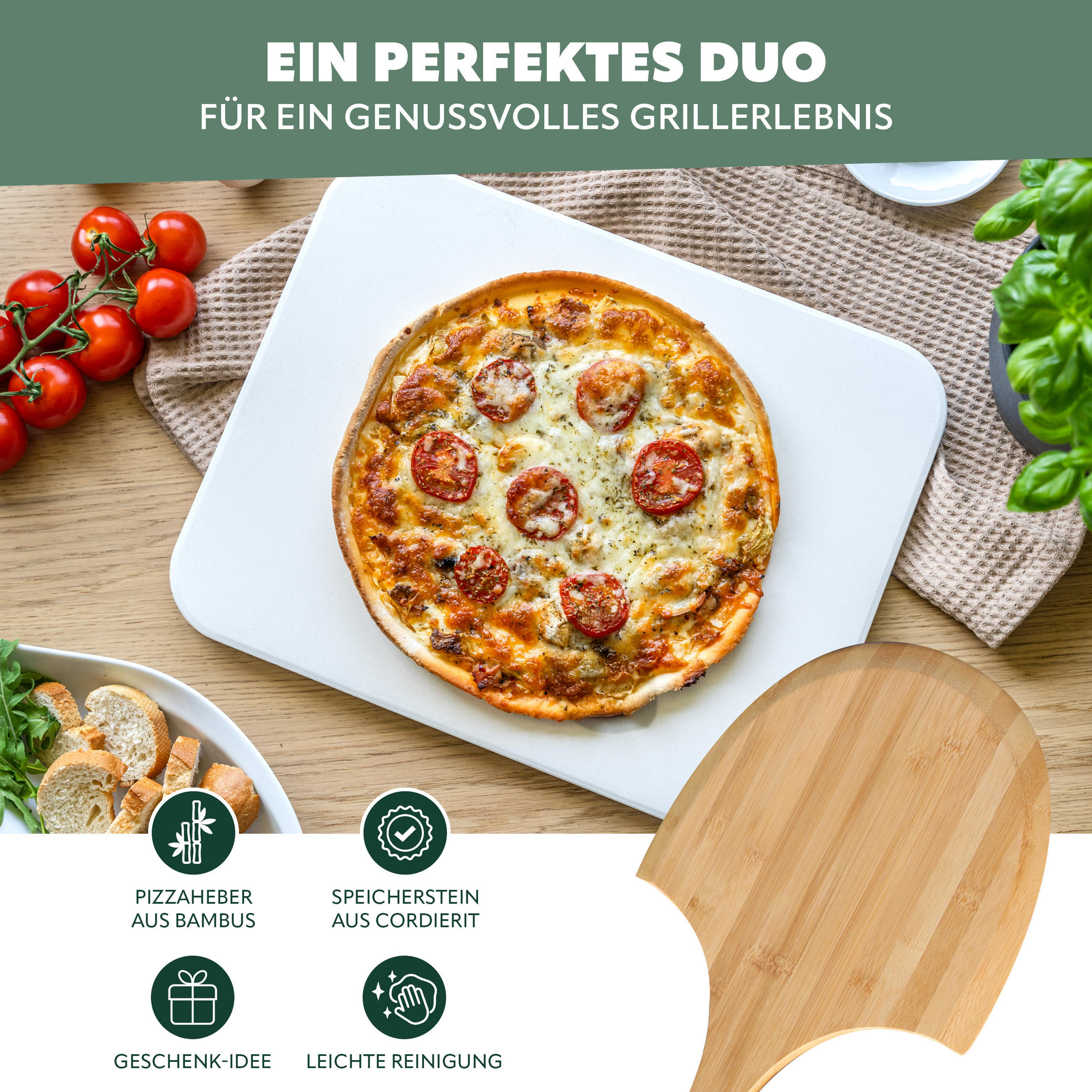 PIZZASTEIN 2er-Set, inkl. Pizzaheber - Naturfarben, Naturmaterialien (30/1/37.5cm) - bremermann