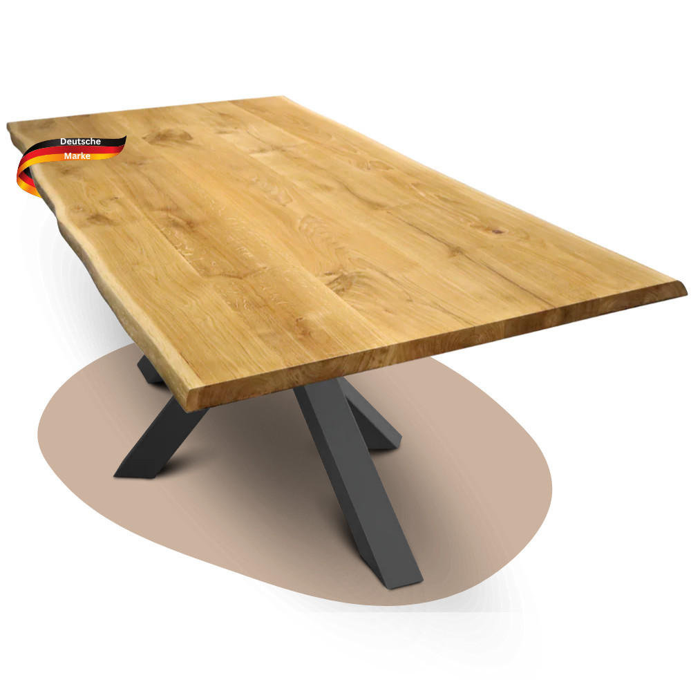 ESSTISCH Massivholz mit Baumkante RAGNAR 280x100 cm Eichenholz H-Spider Gestell - Braun, Holz/Metall (100/280/76cm) - DELUKE