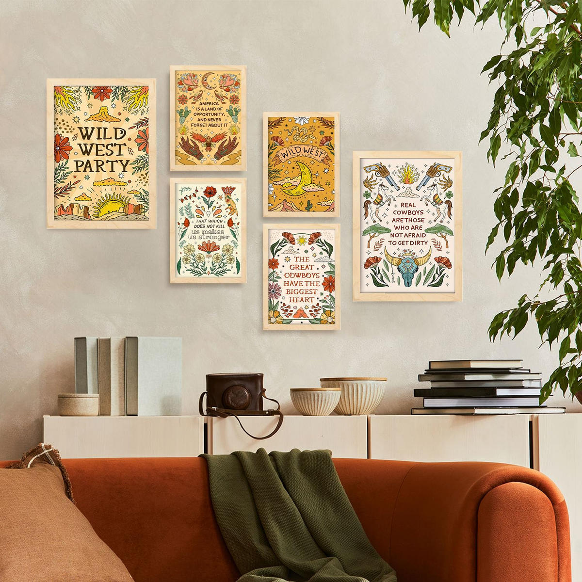 POSTER Set Mit 6 Wundervoller Wildwest-Ästhetische Dekorative Gemälde Für Ihr Wohnzimmer Oder Zuhause Wandkunstdruck A3 & A4 Rahmen Aus Hellem Holz - Beige, Papier (29/3cm) - Nacnic