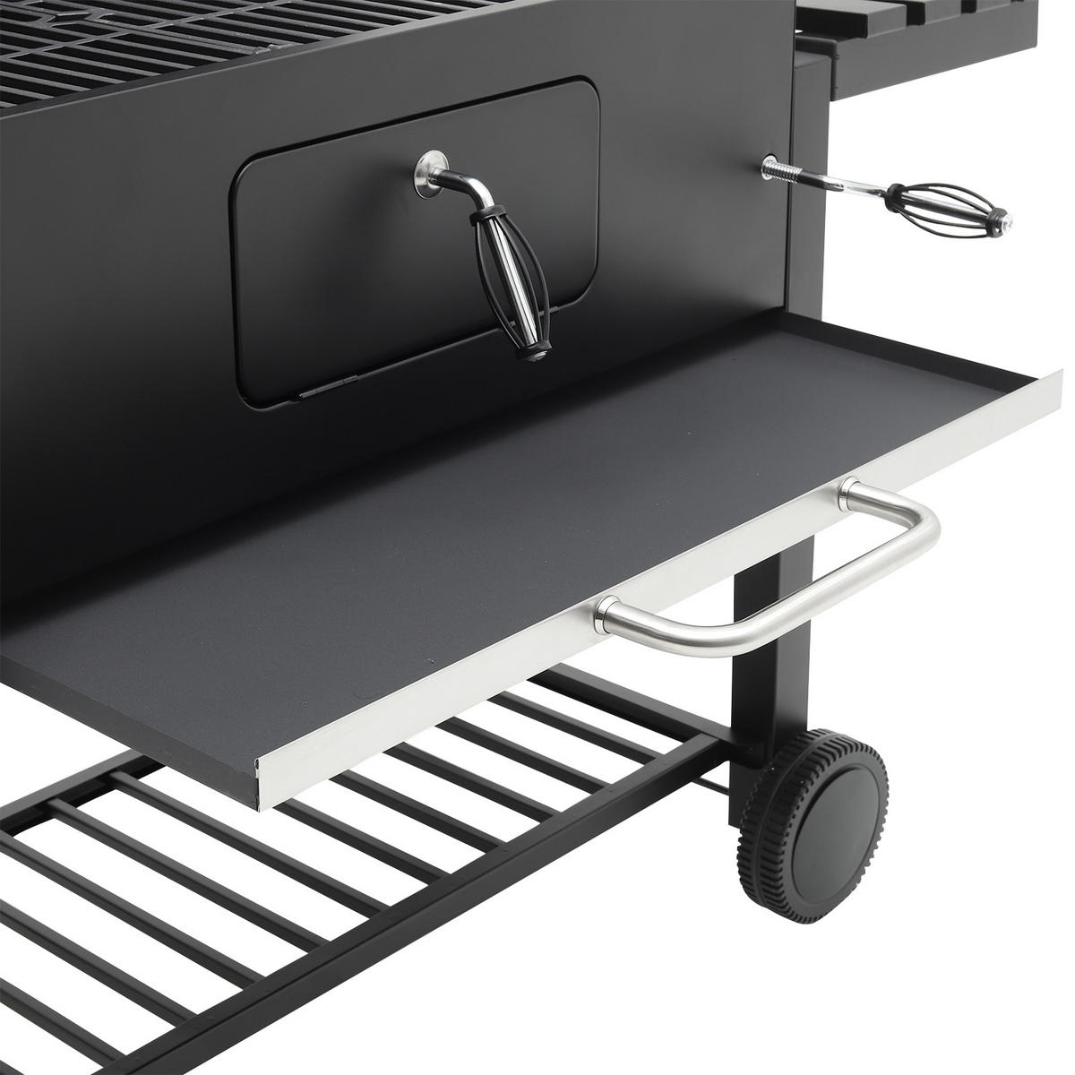 HOLZKOHLEGRILL aus Karbonstahl in Schwarz Tragbarer für den Außenbereich mit Seitenablagen 183 cm B x 40 cm T x 108 cm H - Schwarz, Metall (183/108/40cm) - Livingandhome
